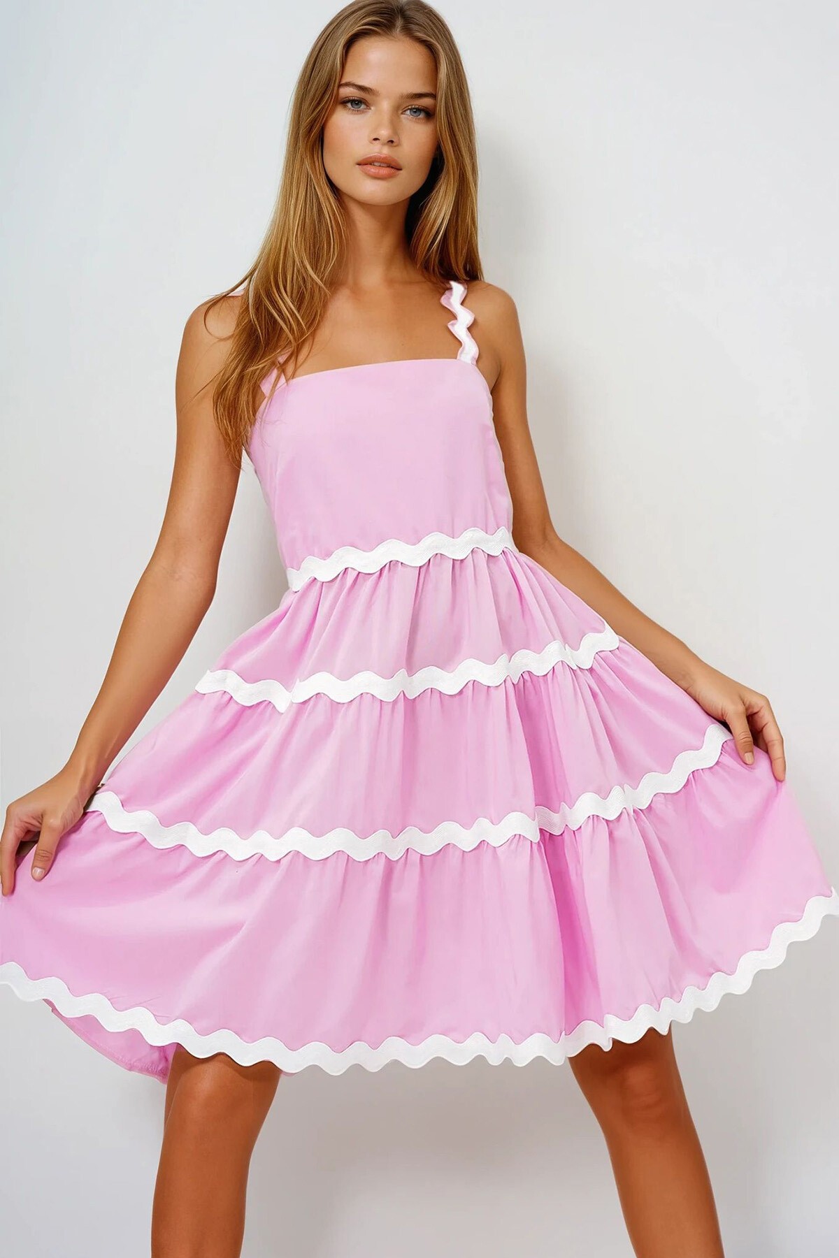 Pembe Zigzag Şerit Detaylı Gizli Fermuarlı Poplin Balon Elbise