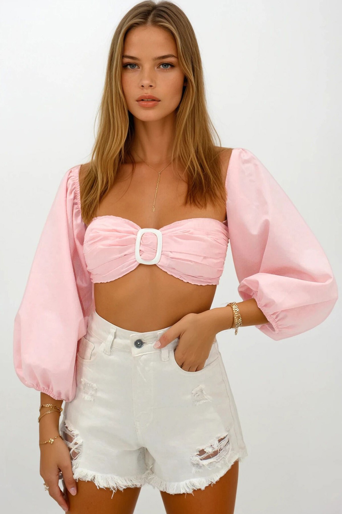 Pembe Poplin Sırtı Gipeli Toka Detaylı Prenses Kol Crop Bluz