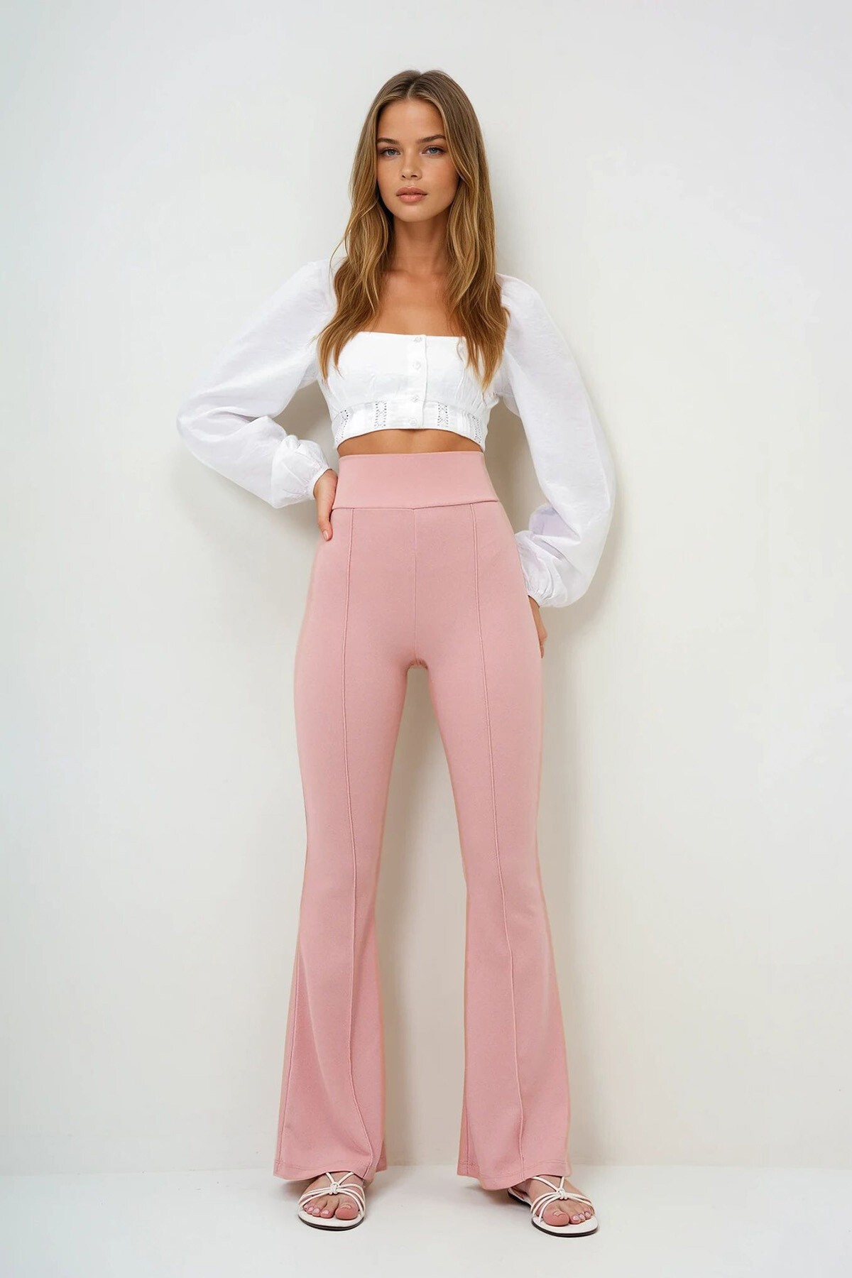 Pudra İspanyol Paça Çimalı Simli Pantolon