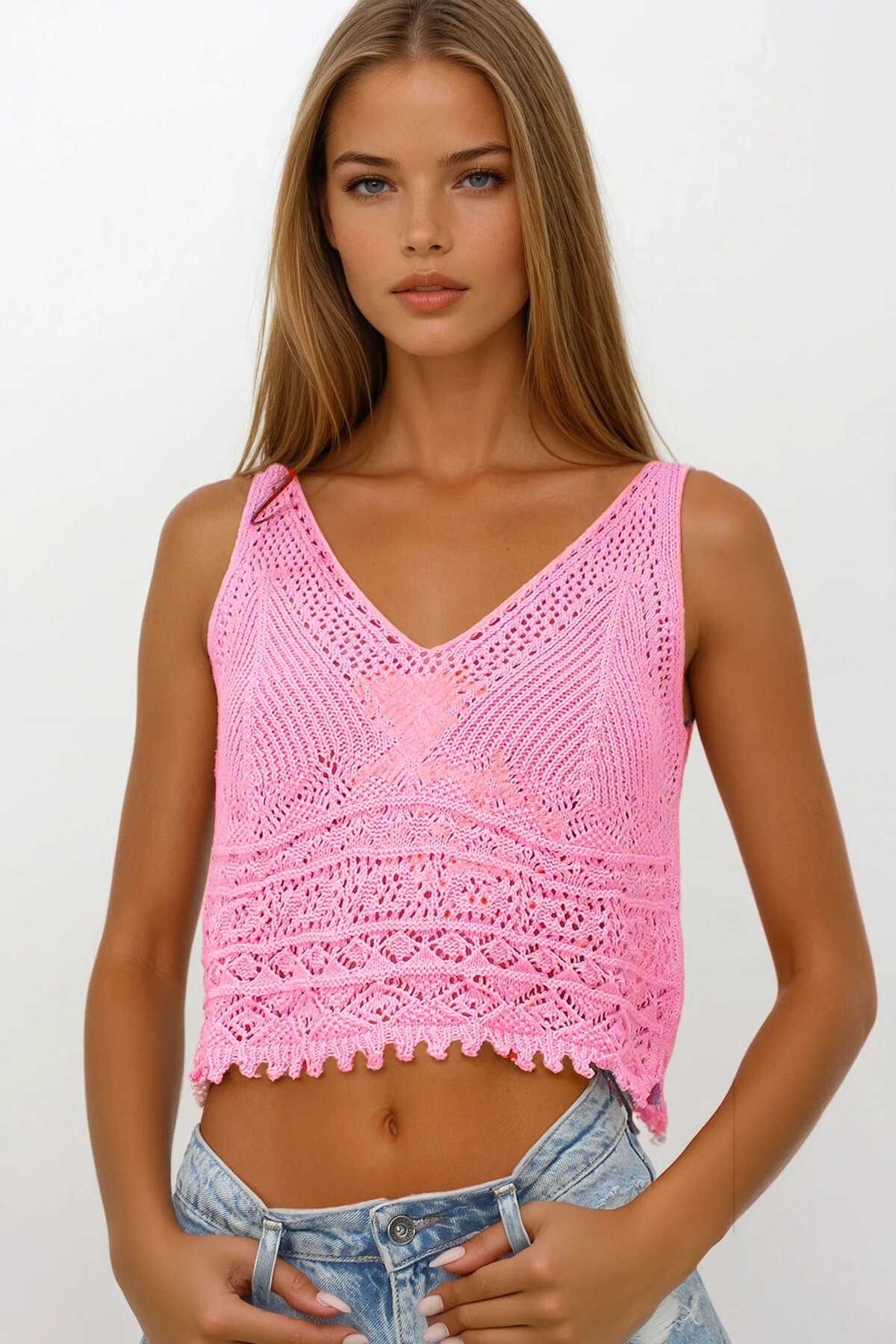 Pudra Pembe Askılı Ajurlu Örme Crop Bluz
