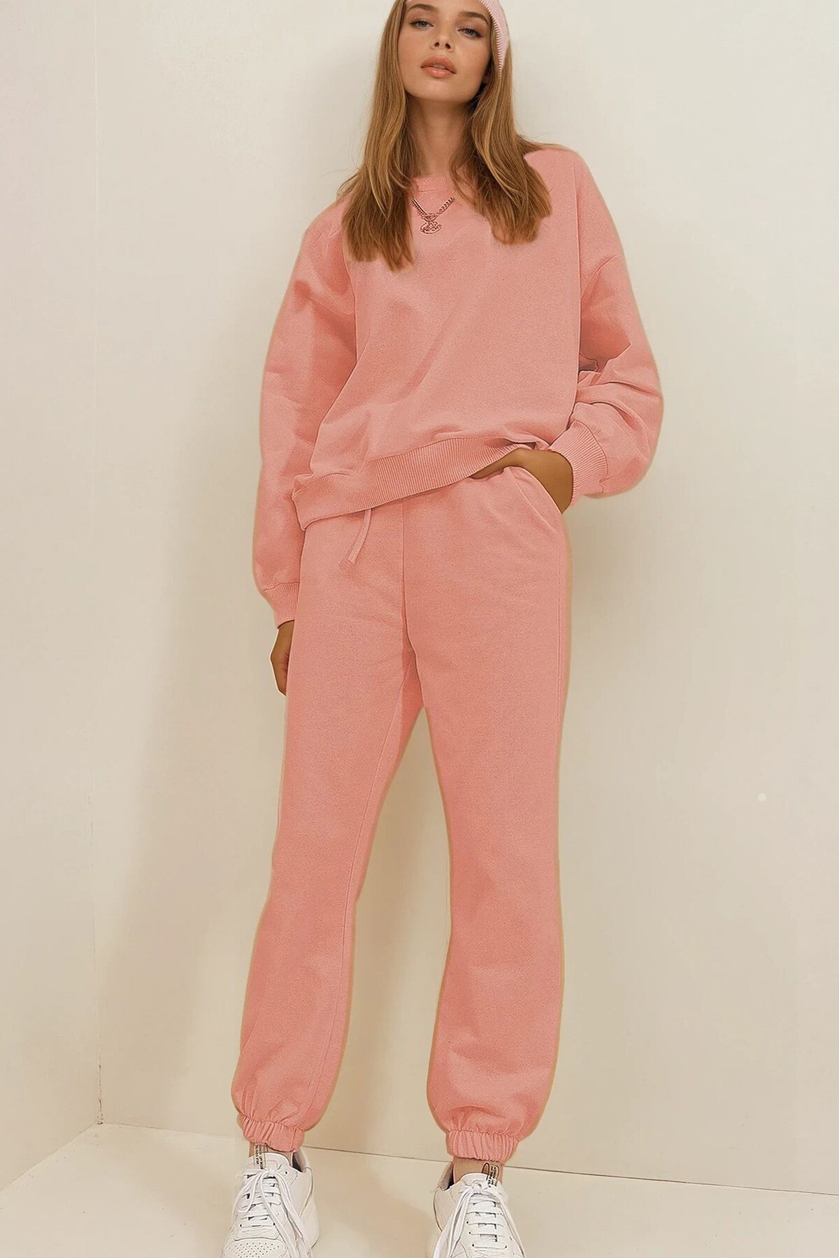 Pudra Pembe Bisiklet Yaka Mevsimlik İki İplik Eşofman Takım