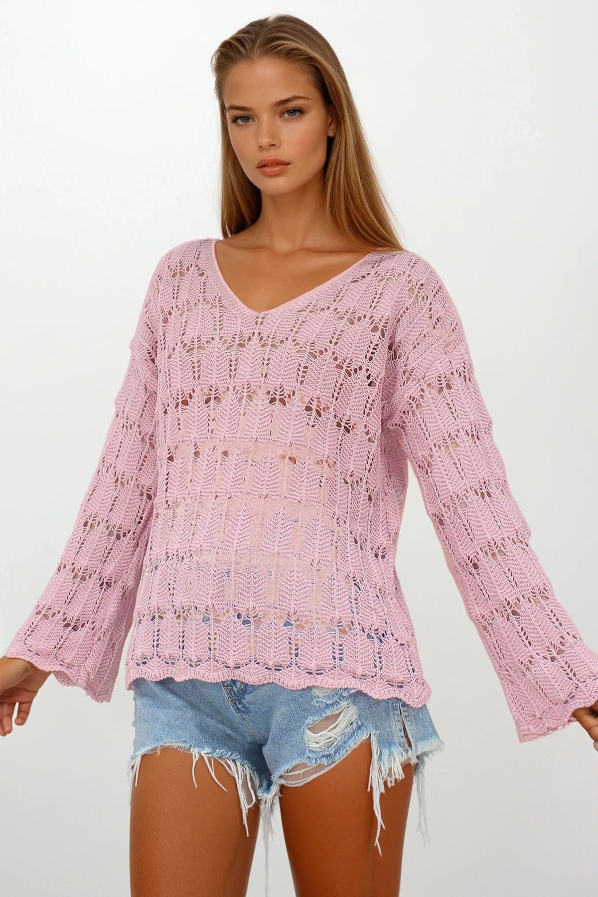 Pudra Pembe V Yaka Ajurlu Bluz