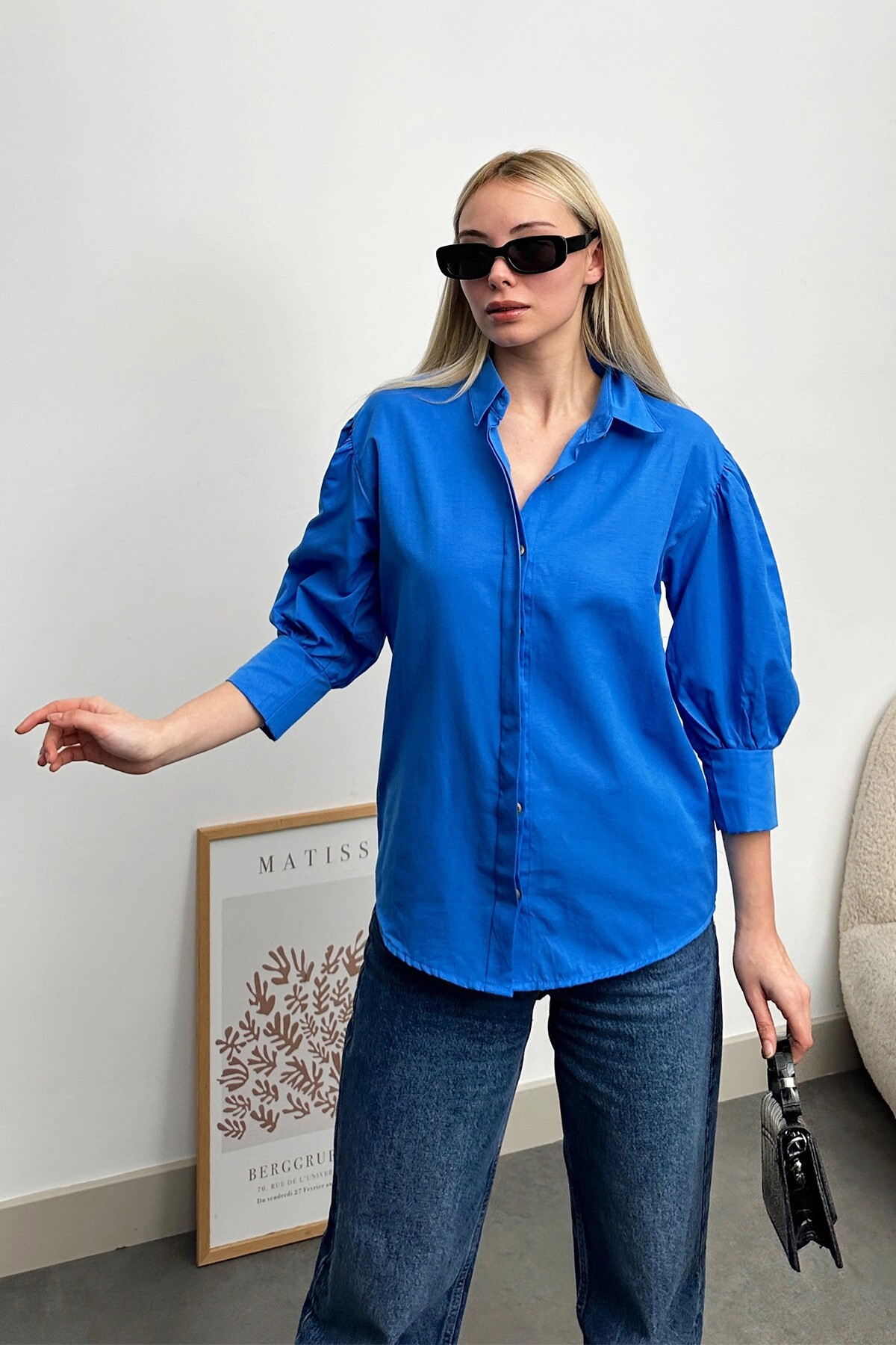 Saks Balon Kol Gizli Patlı Dokuma Gömlek