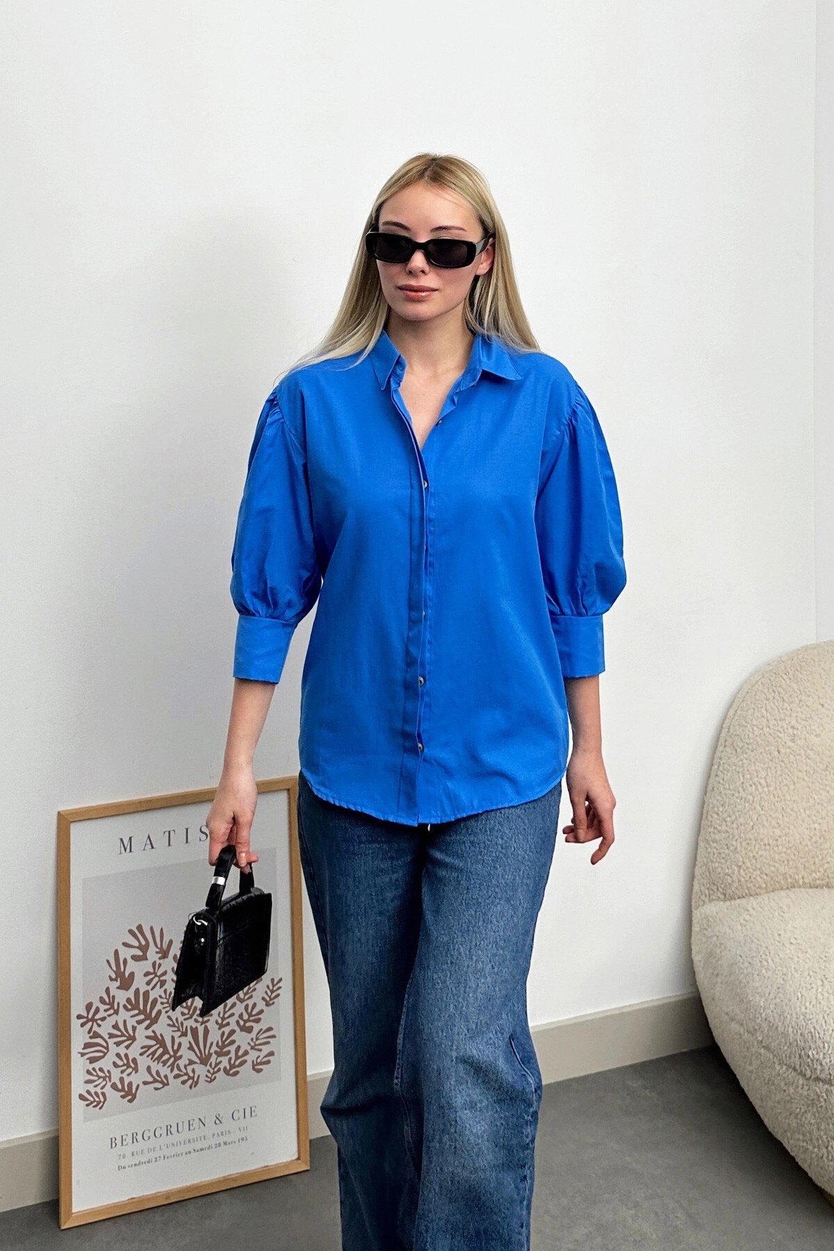 Saks Balon Kol Gizli Patlı Dokuma Gömlek