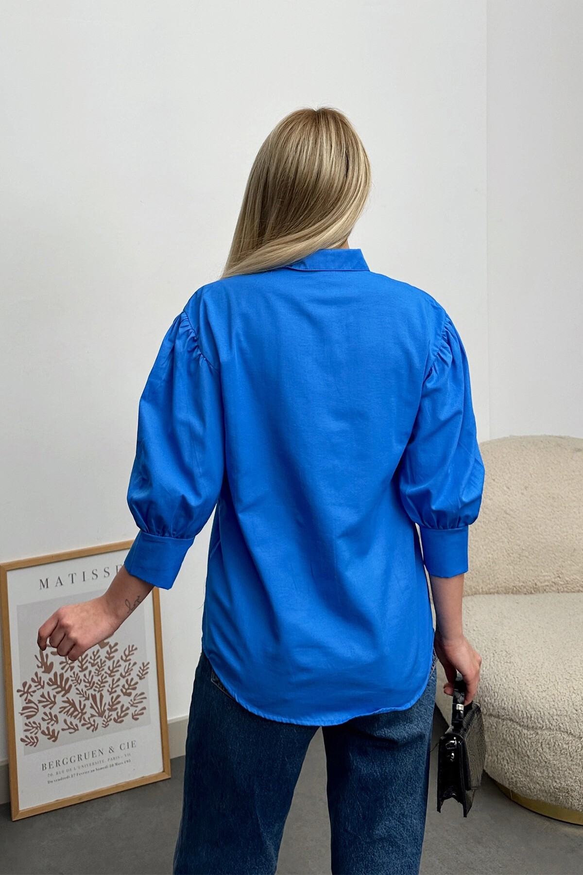 Saks Balon Kol Gizli Patlı Dokuma Gömlek