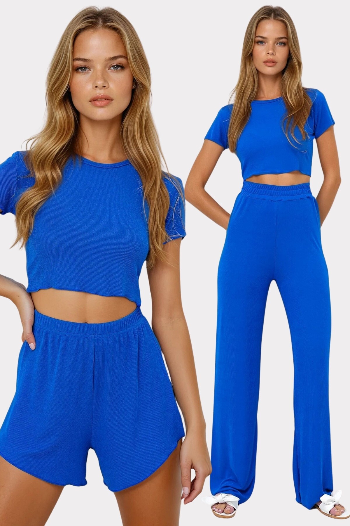 Saks Bisiklet Yaka Crop Bluz, Şort Ve Pantolonlu 3 Lü Set Pijama Takımı