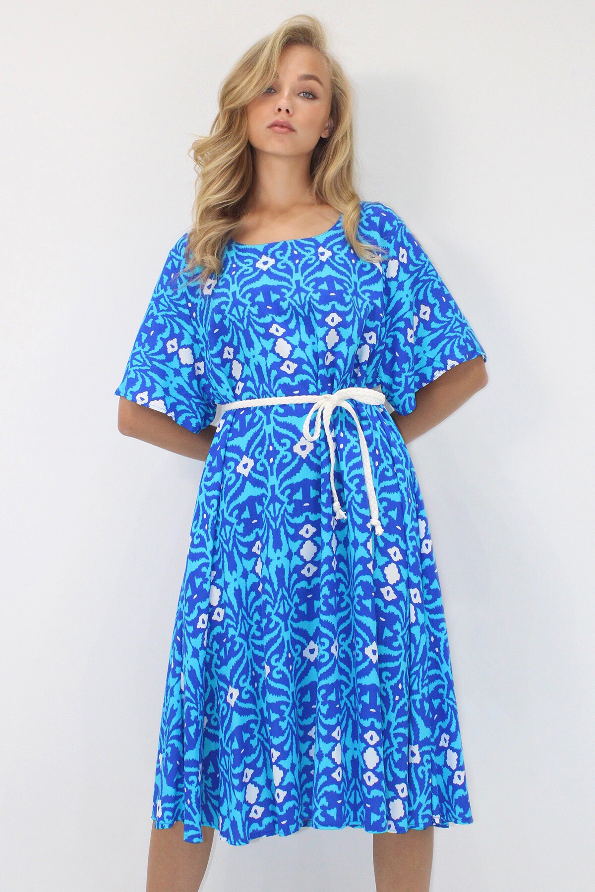 Saks Bisiklet Yaka Desenli Rahat Kalıp Dokuma Viskon Elbise