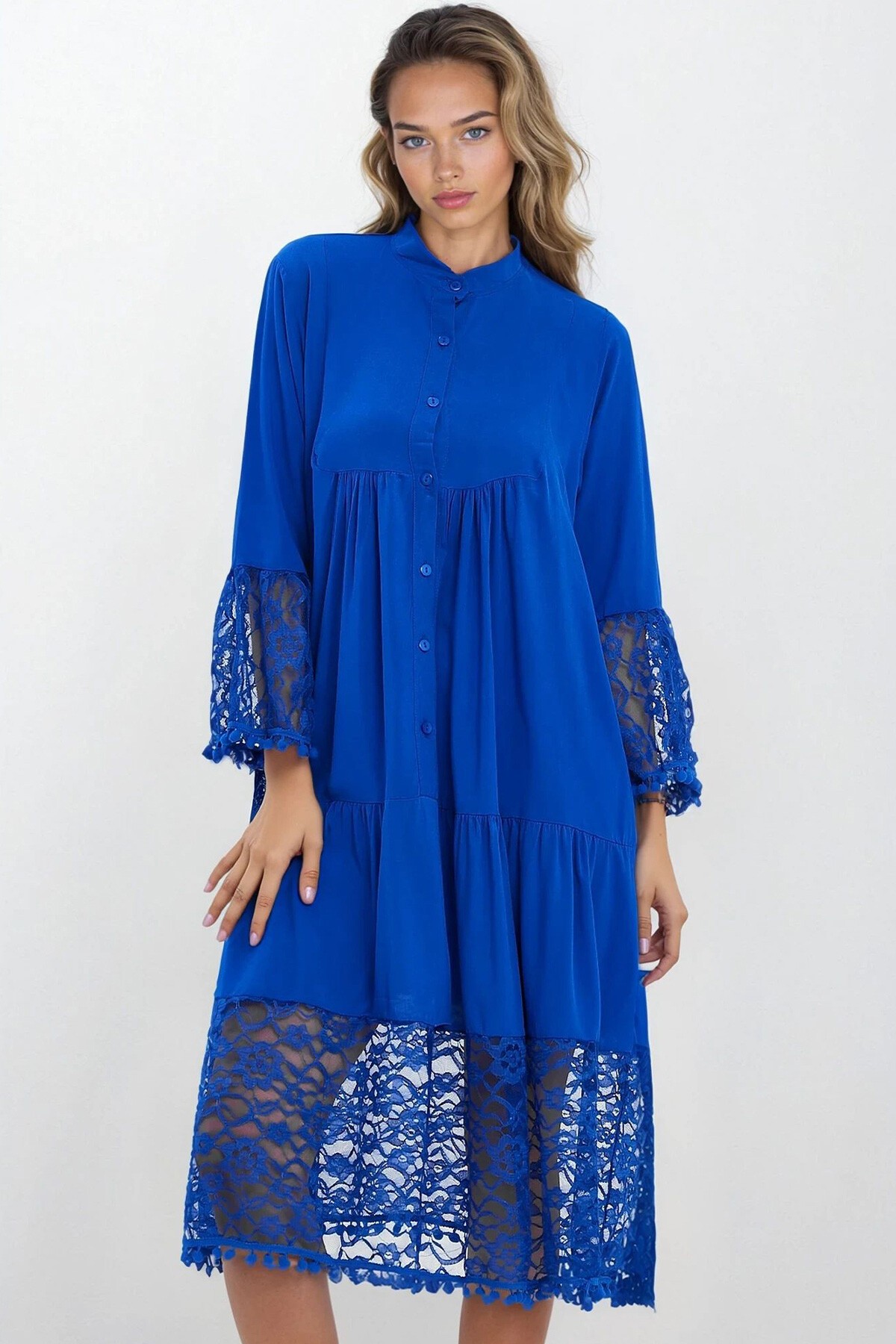 Saks Hakim Yaka Önü Düğmeli Dantelli Viskon Elbise