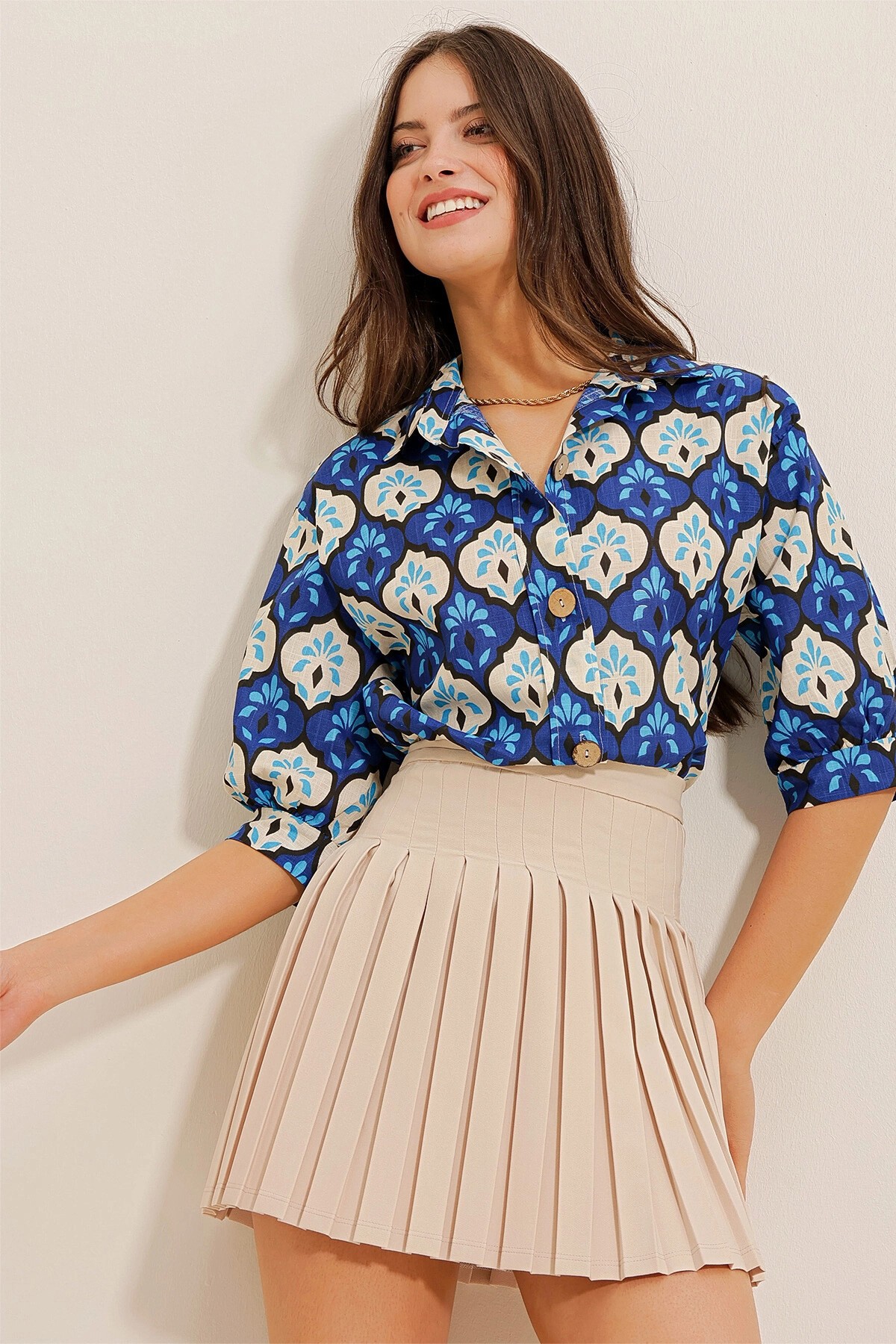 Saks Karpuz Kollu Çini Desenli Gömlek