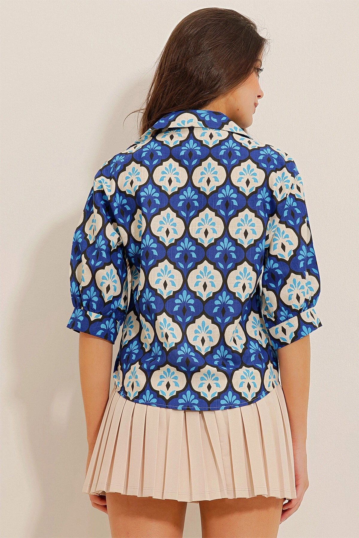 Saks Karpuz Kollu Çini Desenli Gömlek