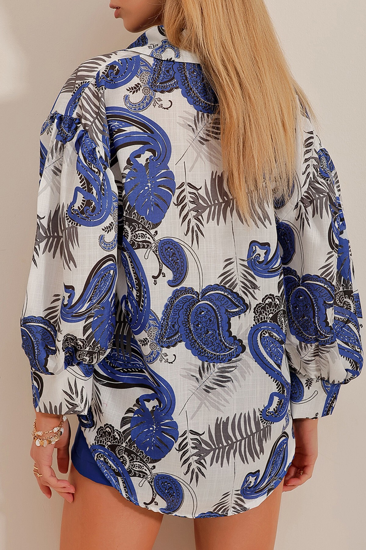 Saks Prenses Etnik Desenli Flamlı Keten Dokuma Gömlek