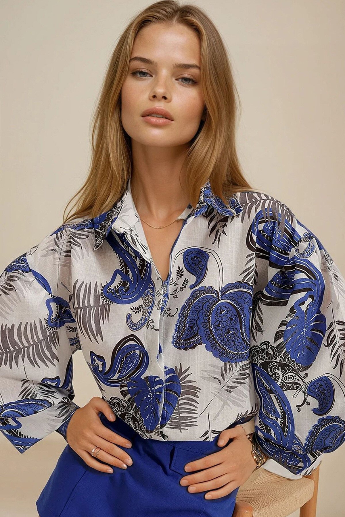 Saks Prenses Etnik Desenli Flamlı Keten Dokuma Gömlek