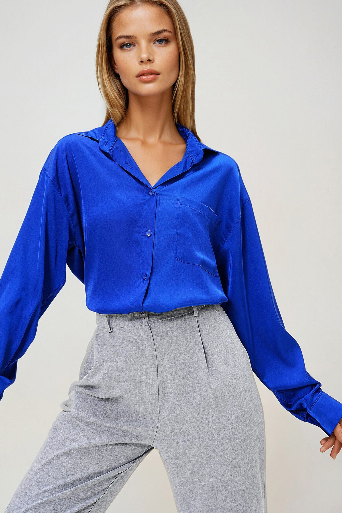 Saks Tek Cepli İpek Saten Oversize Gömlek