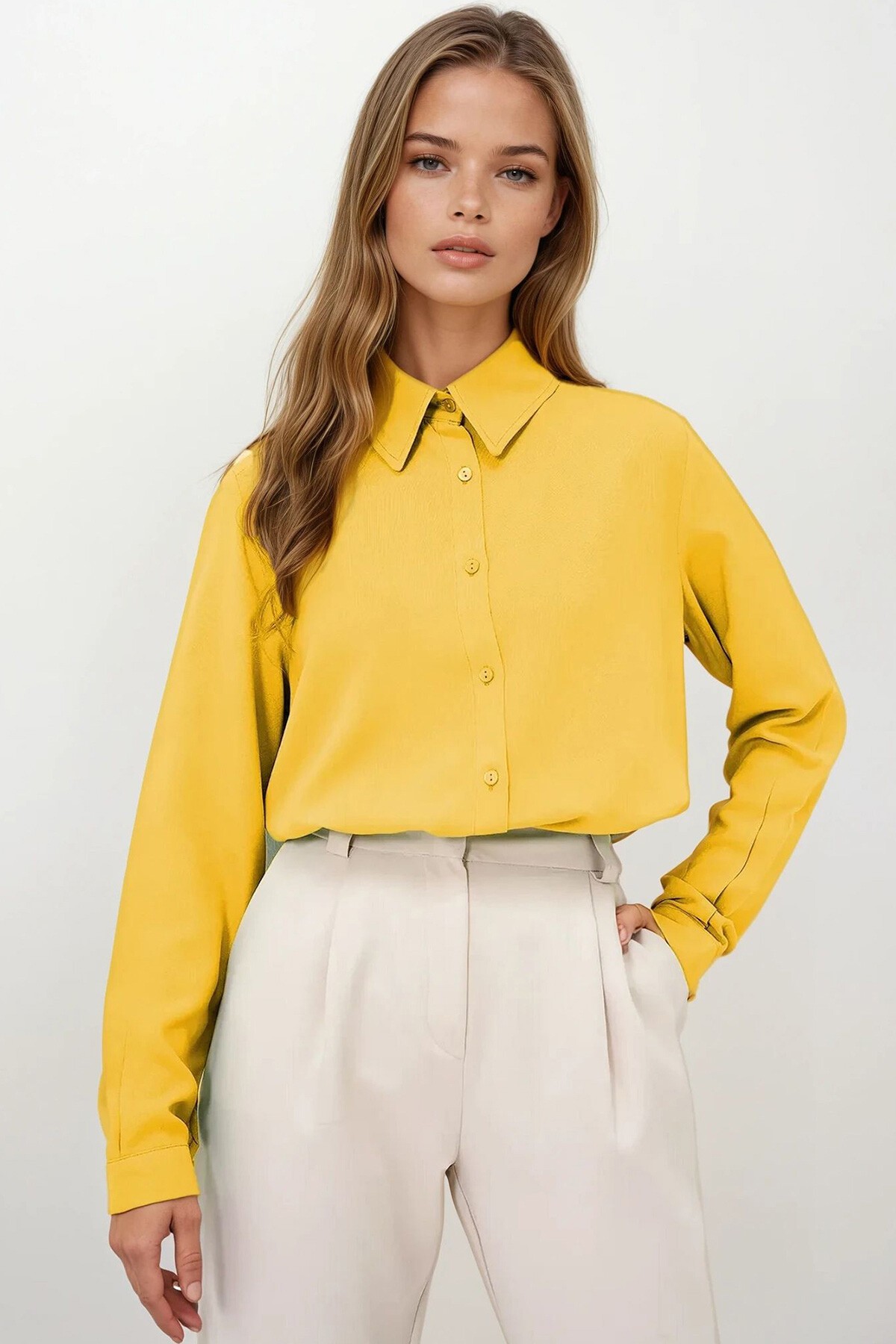 Sarı Basic Dokuma Gömlek