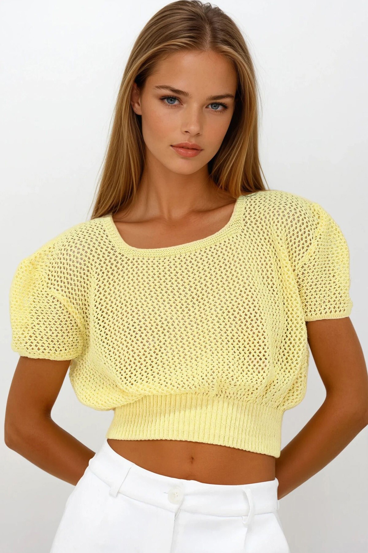 Sarı Beli Gipeli Ajurlu Crop Bluz