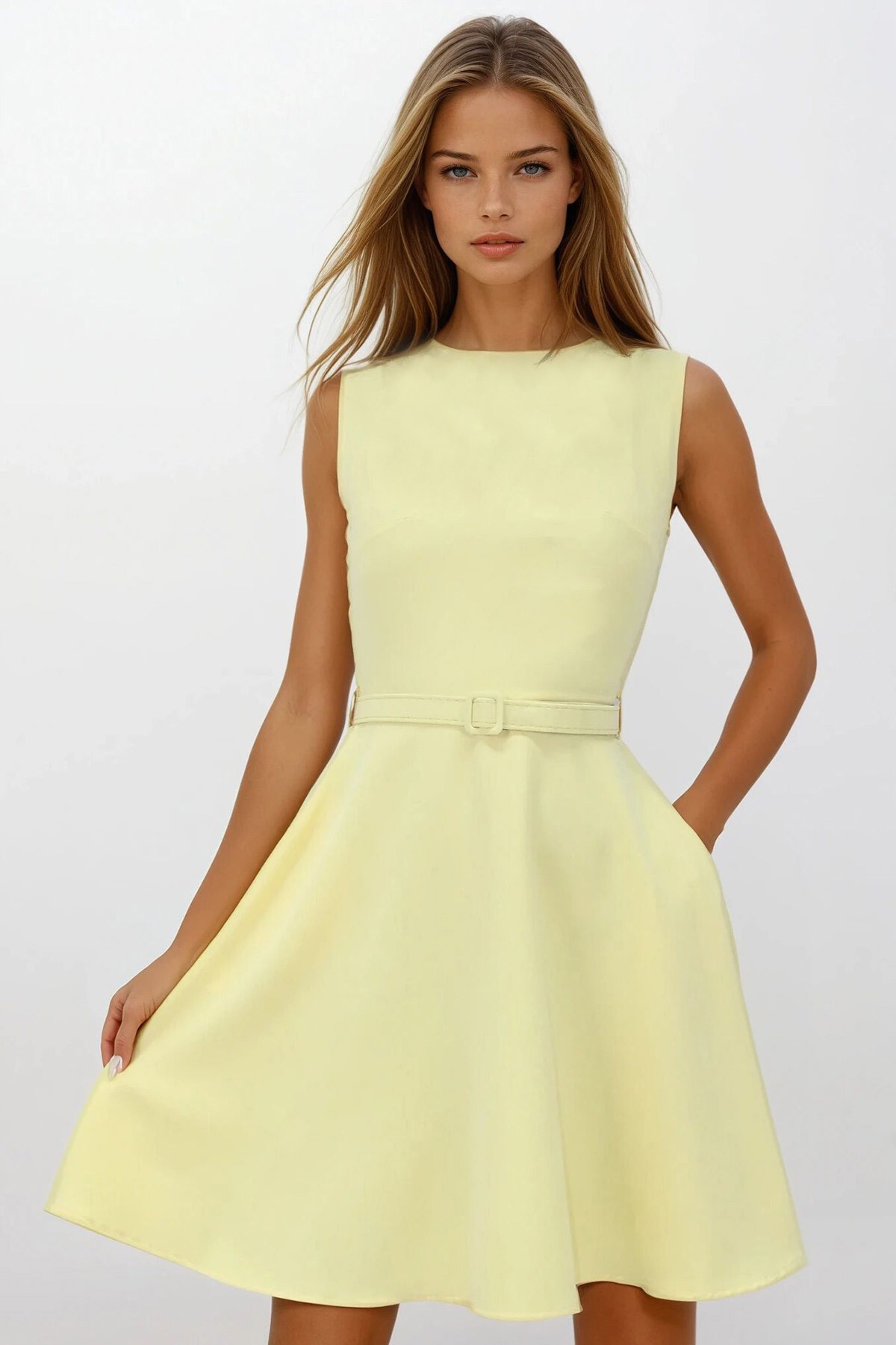 Sarı Bisiklet Yaka Fermuar Kapamalı Çift Cepli Kemerli Elbise