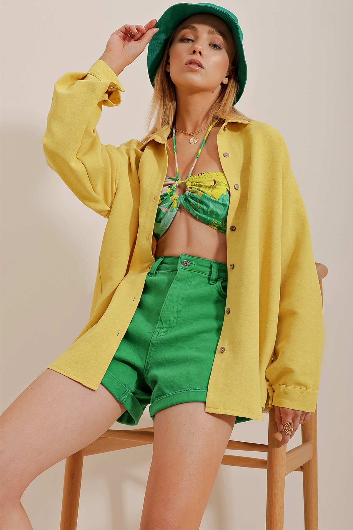 Sarı Oversize Keten Gömlek