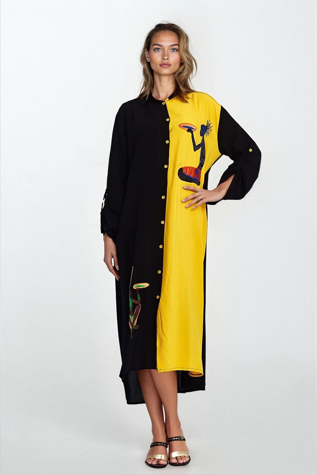 Sarı-Siyah Baskılı Gömlek Yaka Büyük Beden Gömlek Elbise