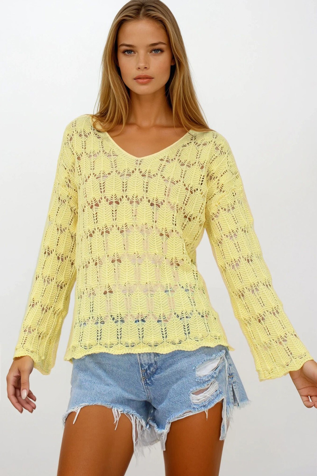 Sarı V Yaka Ajurlu Bluz