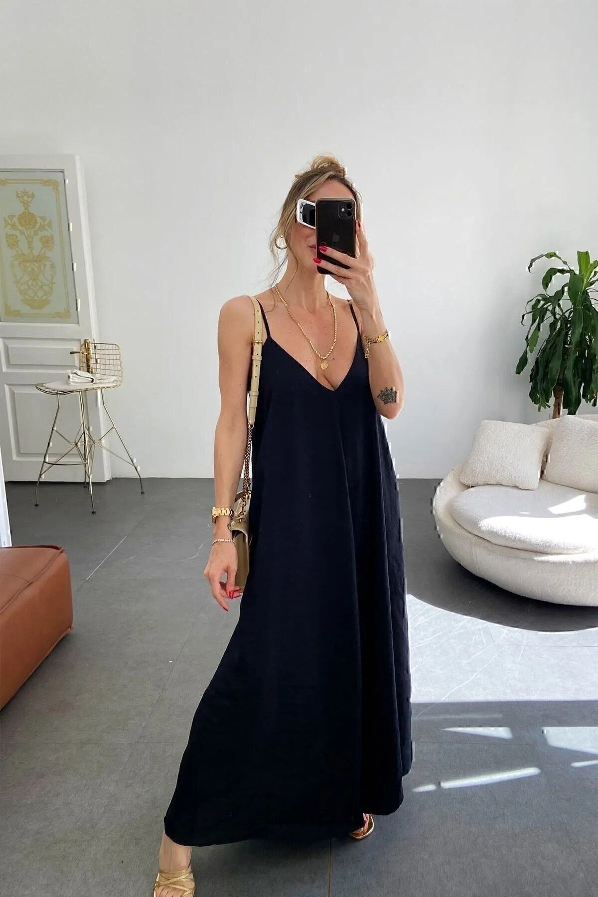 Siyah Aerobin Kumaş Ayarlanabilir Askılı Uzun Elbise