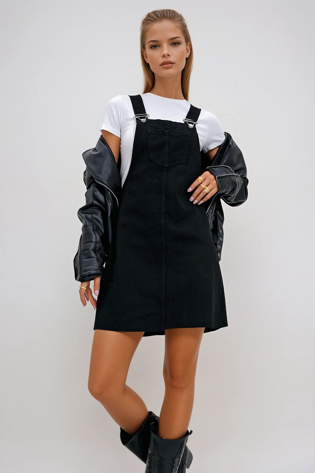 Siyah Askılı Cepli Jean Salopet