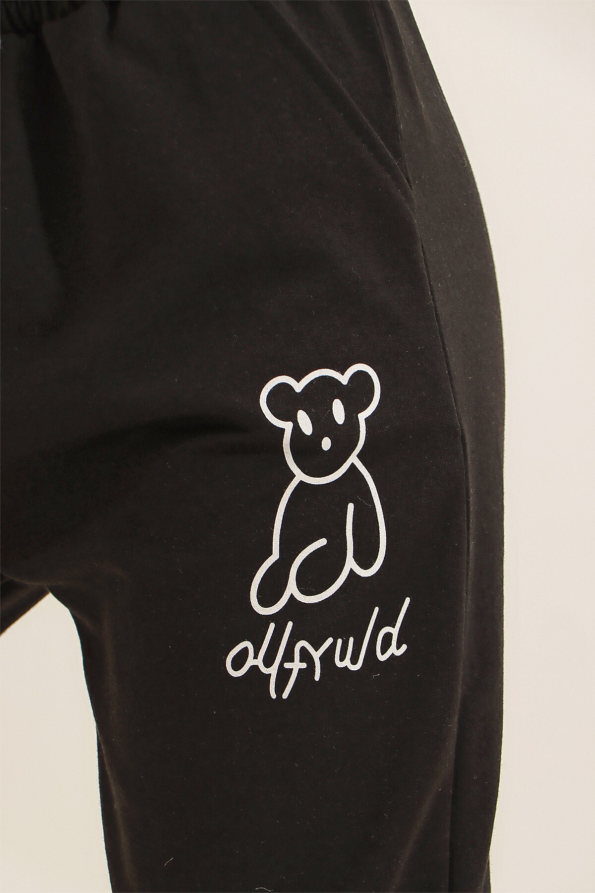 Siyah Ayıcık Baskılı Paçası Lastikli İki İplik Eşofman Altı