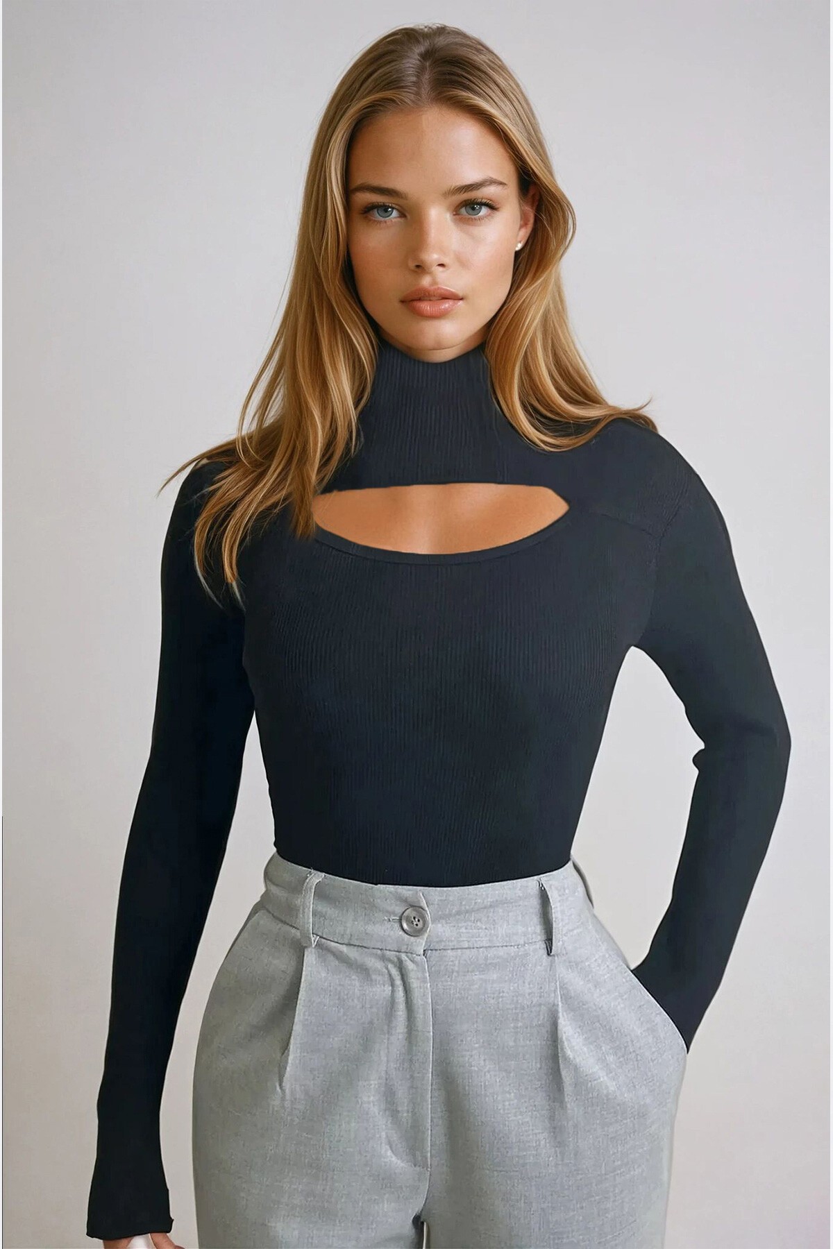 Siyah Balıkçı Yaka Out Cut Kesimli Fitilli Örme Bluz