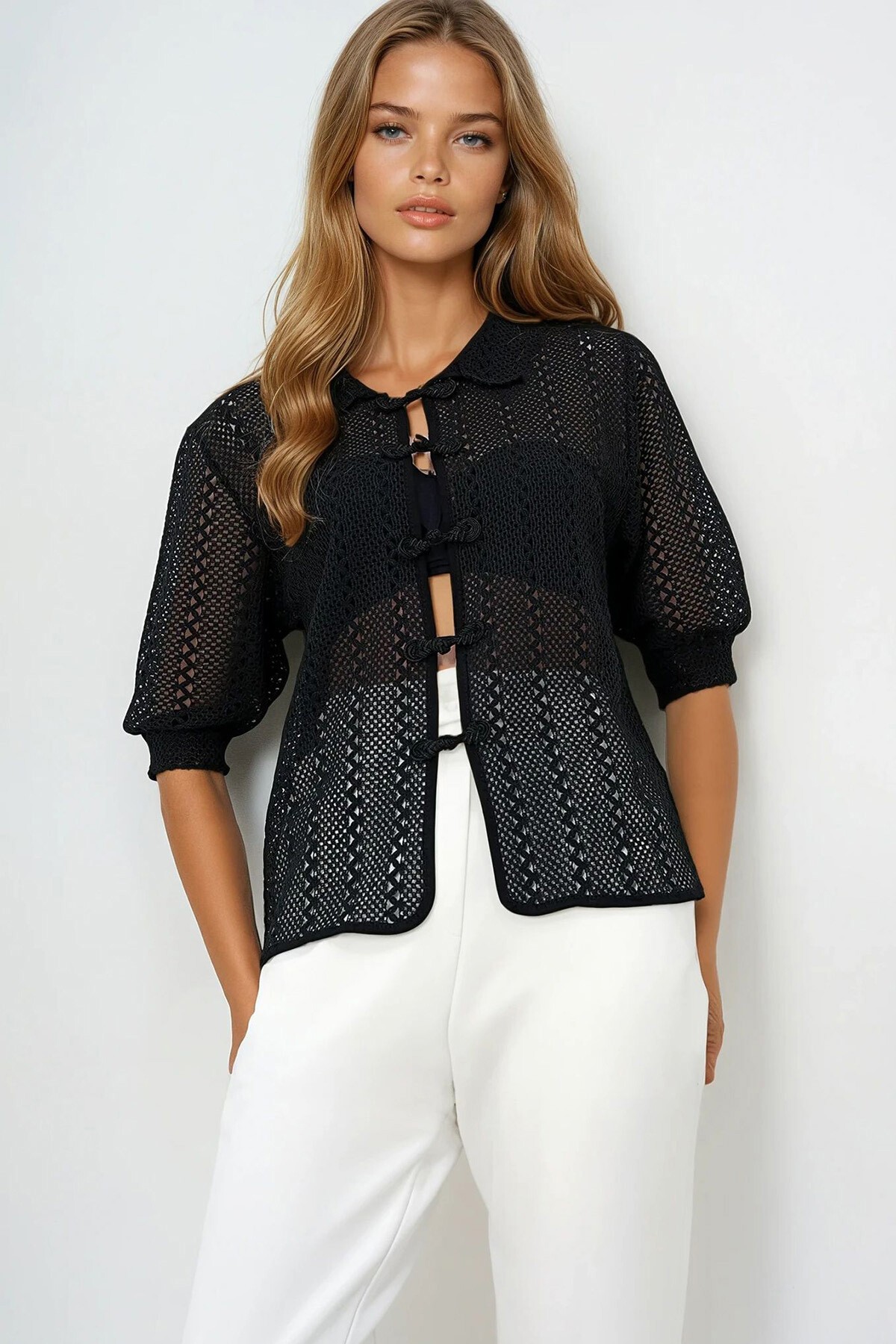 Siyah Bebe Yaka Prenses Kol Düğüm Kapamalı Yazlık Gömlek