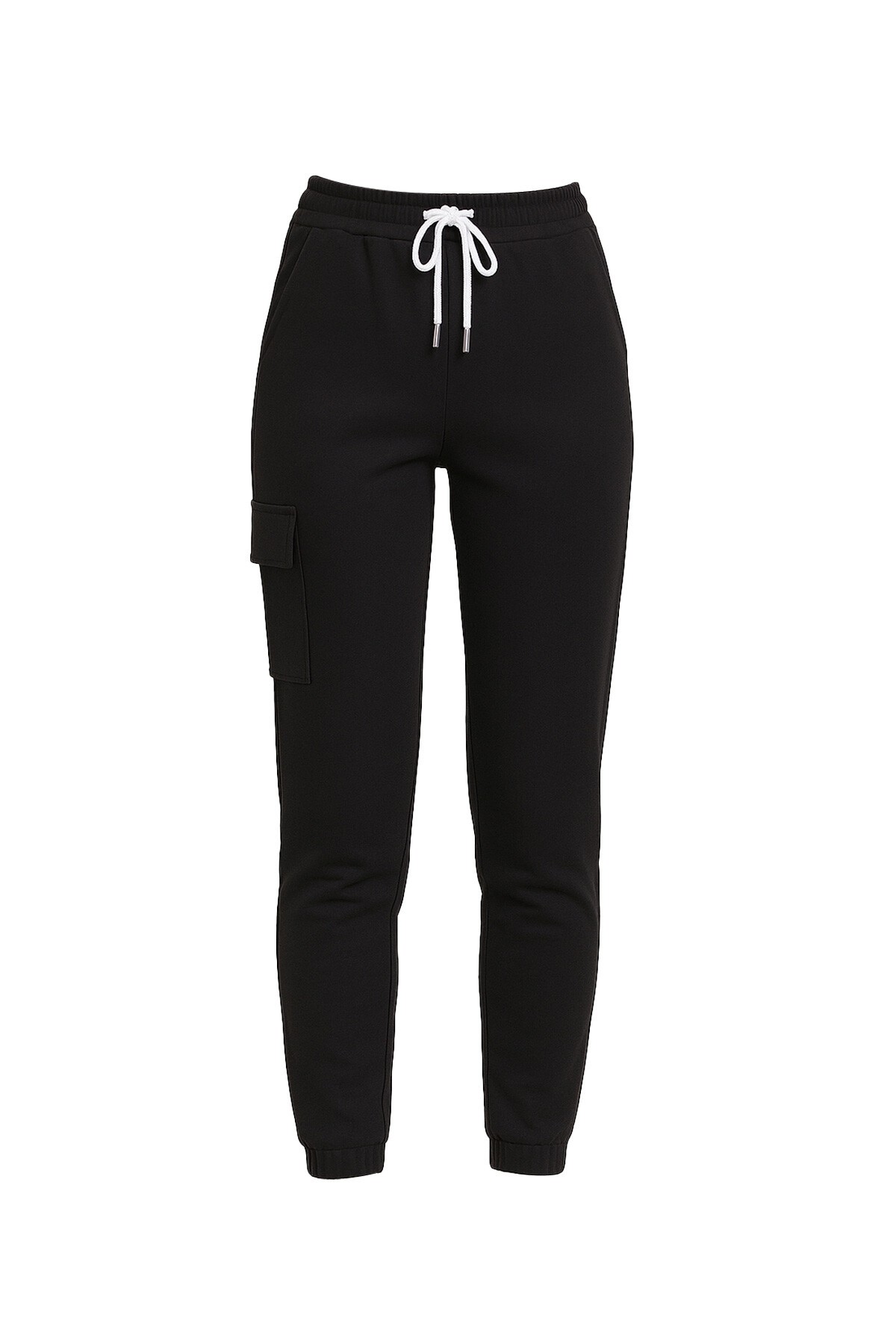 Siyah Beli Ve Paçası Lastikli Önü Dikiş Detaylı İki İplik Kargo Cep Eşofman Altı