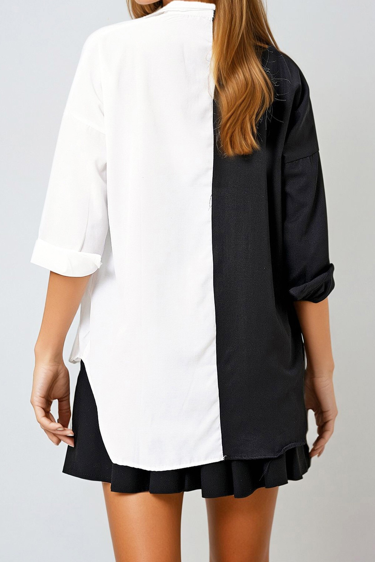 Siyah Beyaz Fermuarlı Renk Bloklu Dokuma Gömlek