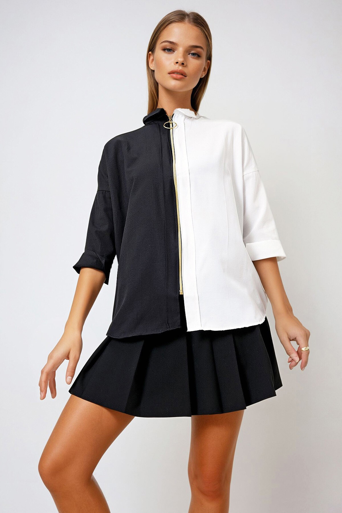 Siyah Beyaz Fermuarlı Renk Bloklu Dokuma Gömlek