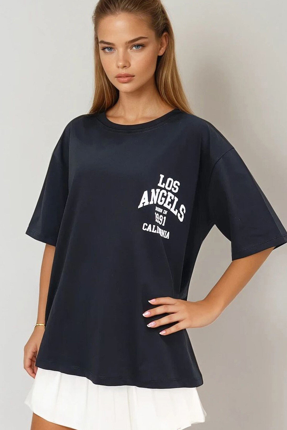 Siyah Bisiklet Yaka Baskılı Oversize T Shirt