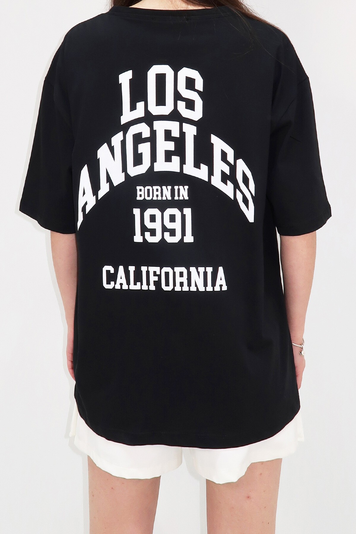 Siyah Bisiklet Yaka Baskılı Oversize T Shirt