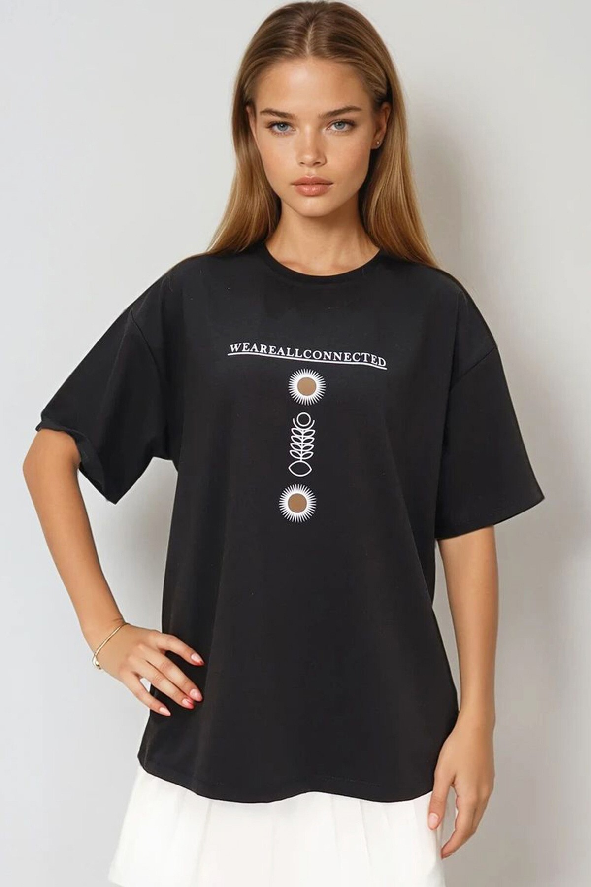 Siyah Bisiklet Yaka Baskılı Oversize Unisex T Shirt