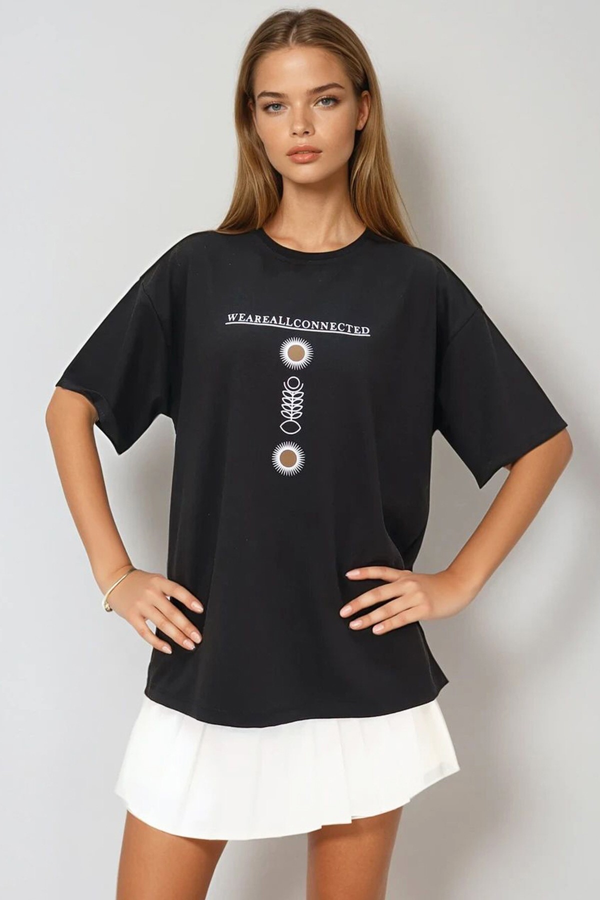 Siyah Bisiklet Yaka Baskılı Oversize Unisex T Shirt