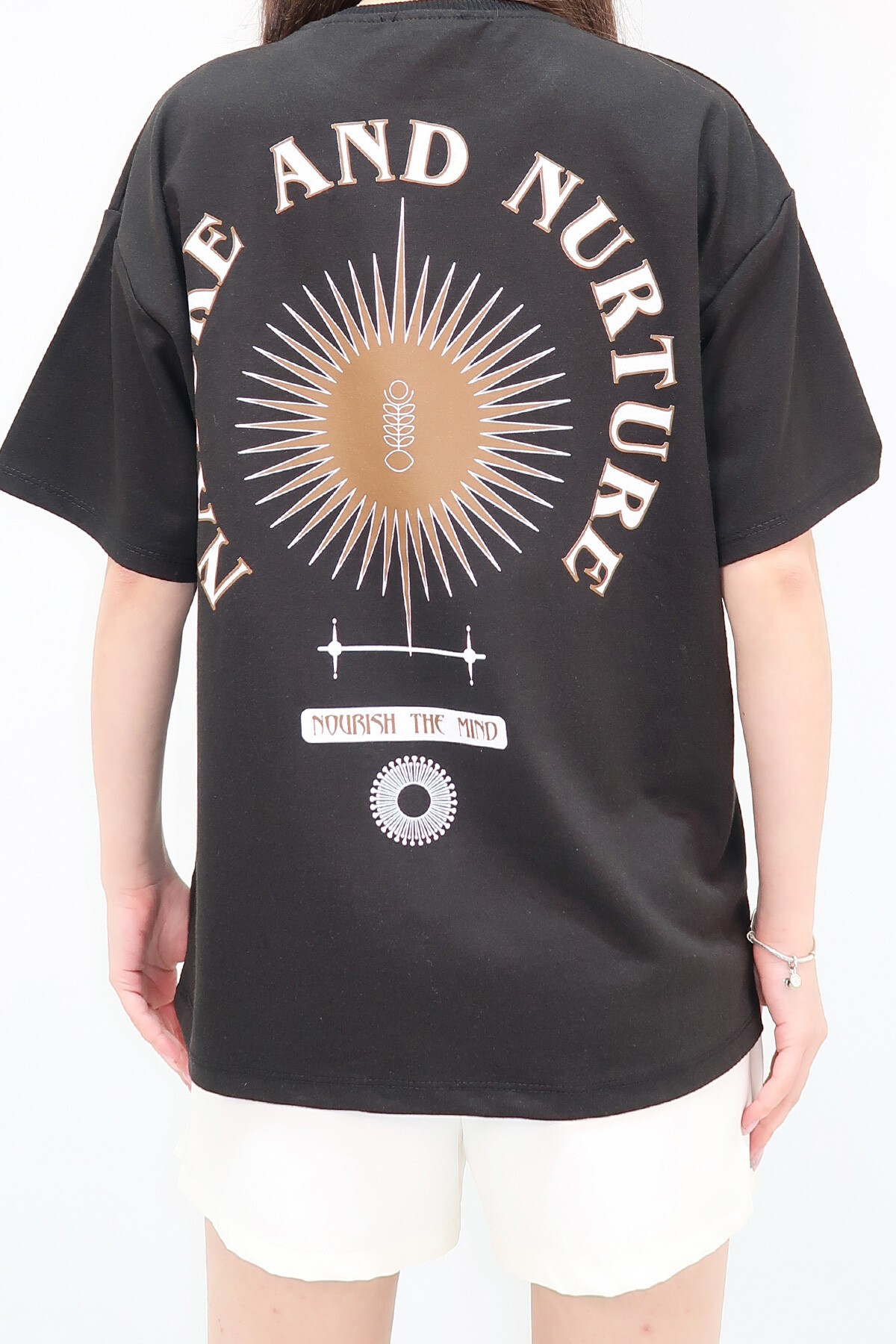 Siyah Bisiklet Yaka Baskılı Oversize Unisex T Shirt