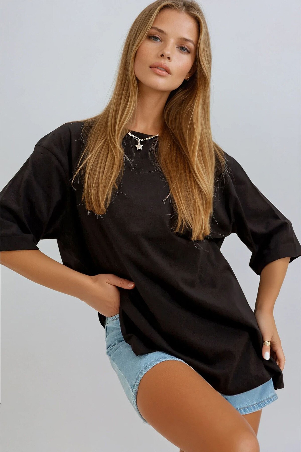 Siyah Bisiklet Yaka Duble Kol Oversize Pamuklu Basic T Shirt