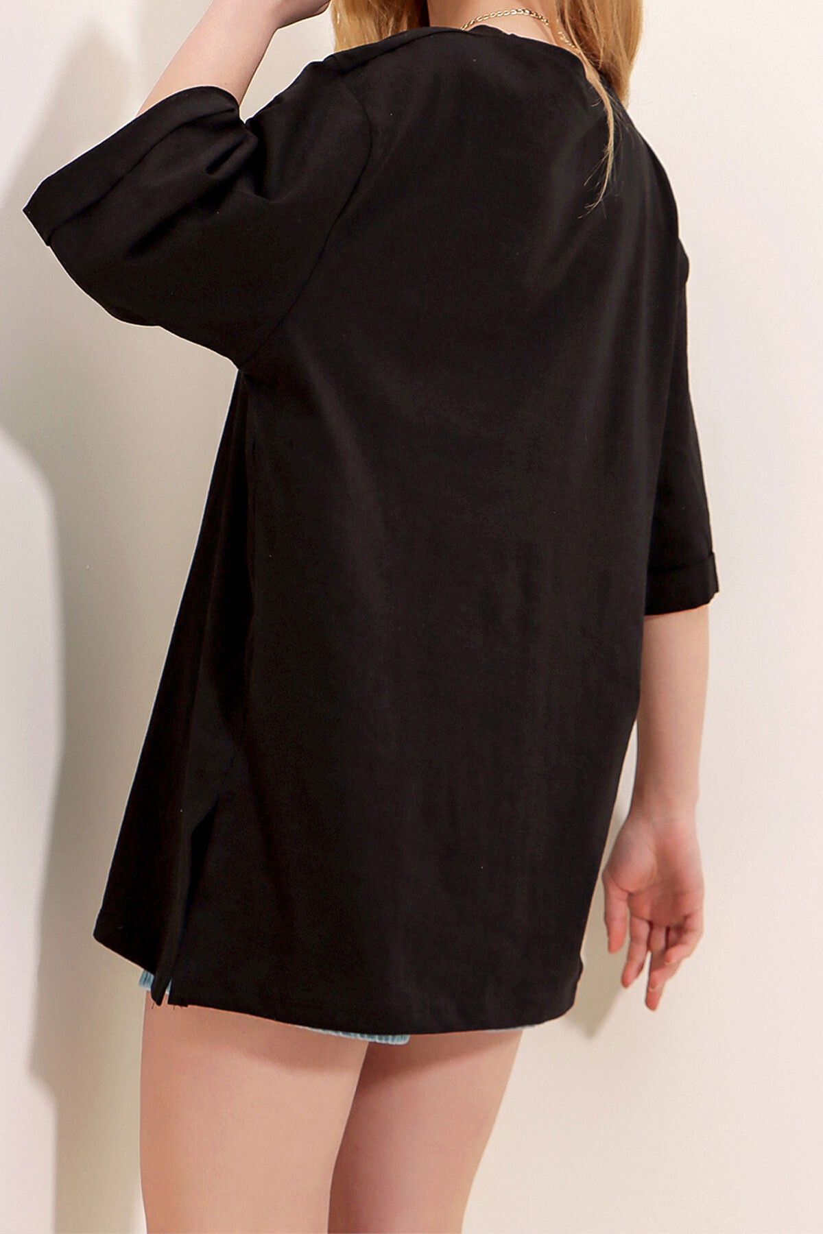 Siyah Bisiklet Yaka Duble Kol Oversize Pamuklu Basic T Shirt