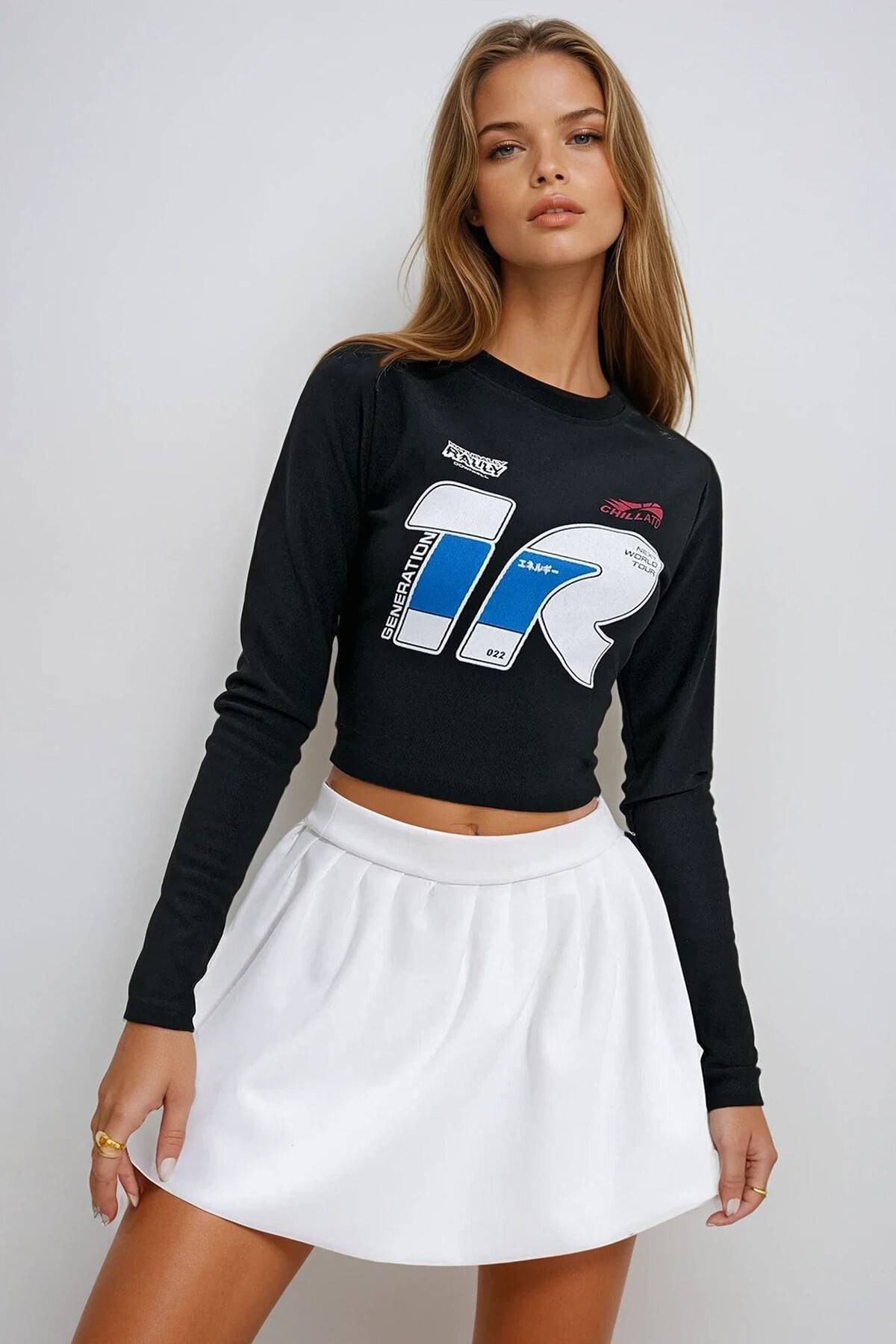 Siyah Bisiklet Yaka Ön Arka Baskılı Uzun Kol Bluz