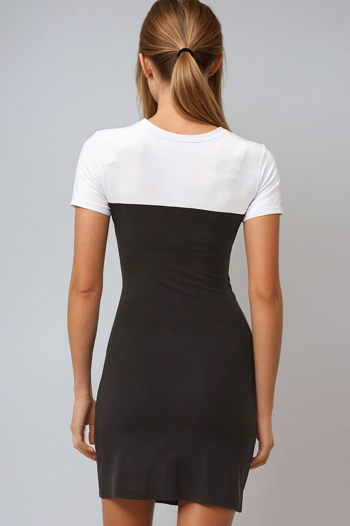 Siyah Bisiklet Yaka Önü Drapeli Renk Bloklu Sandy Elbise