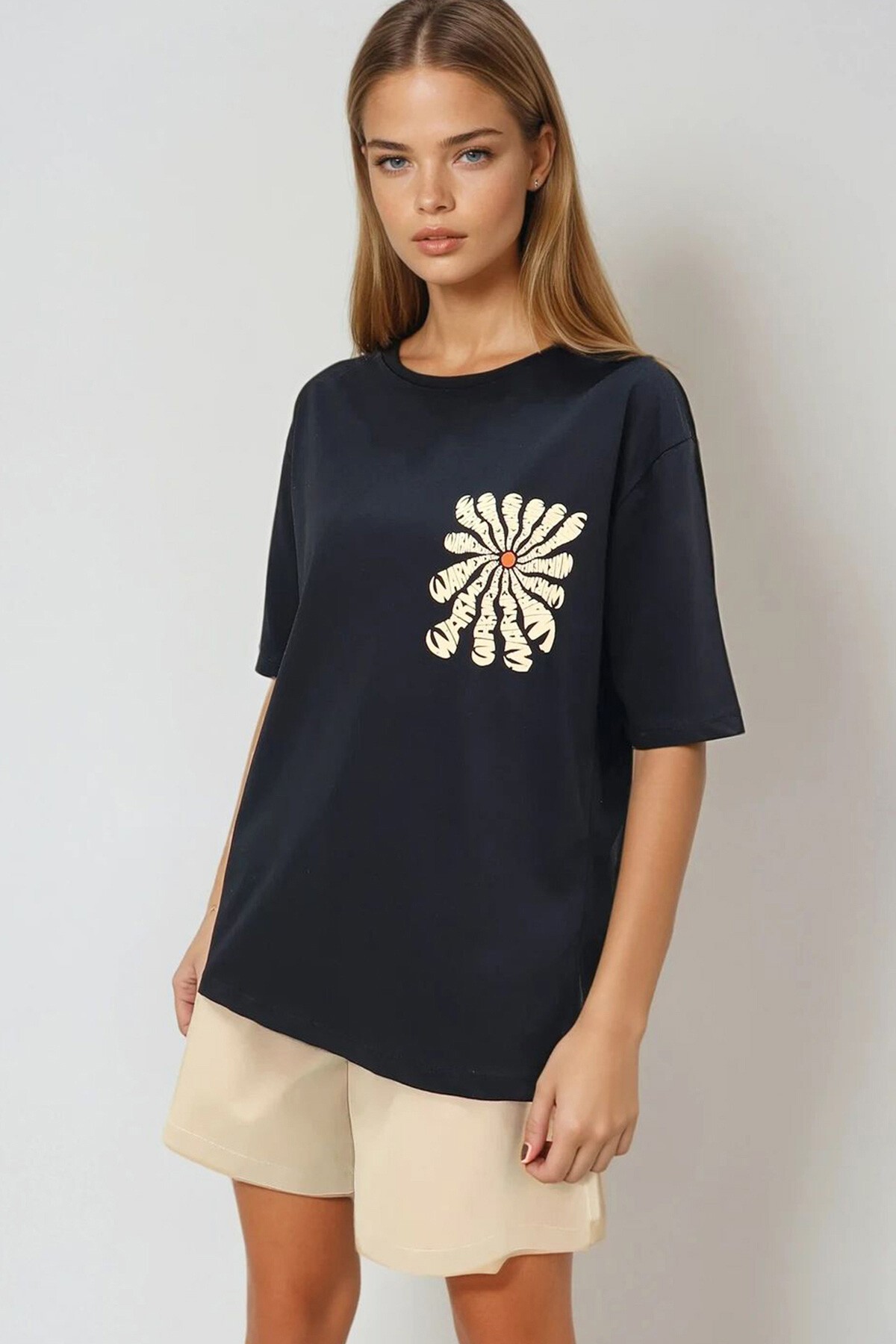 Siyah Bisiklet Yaka Önü Ve Arkası Flok Baskılı %100 Pamuk Oversize T Shirt