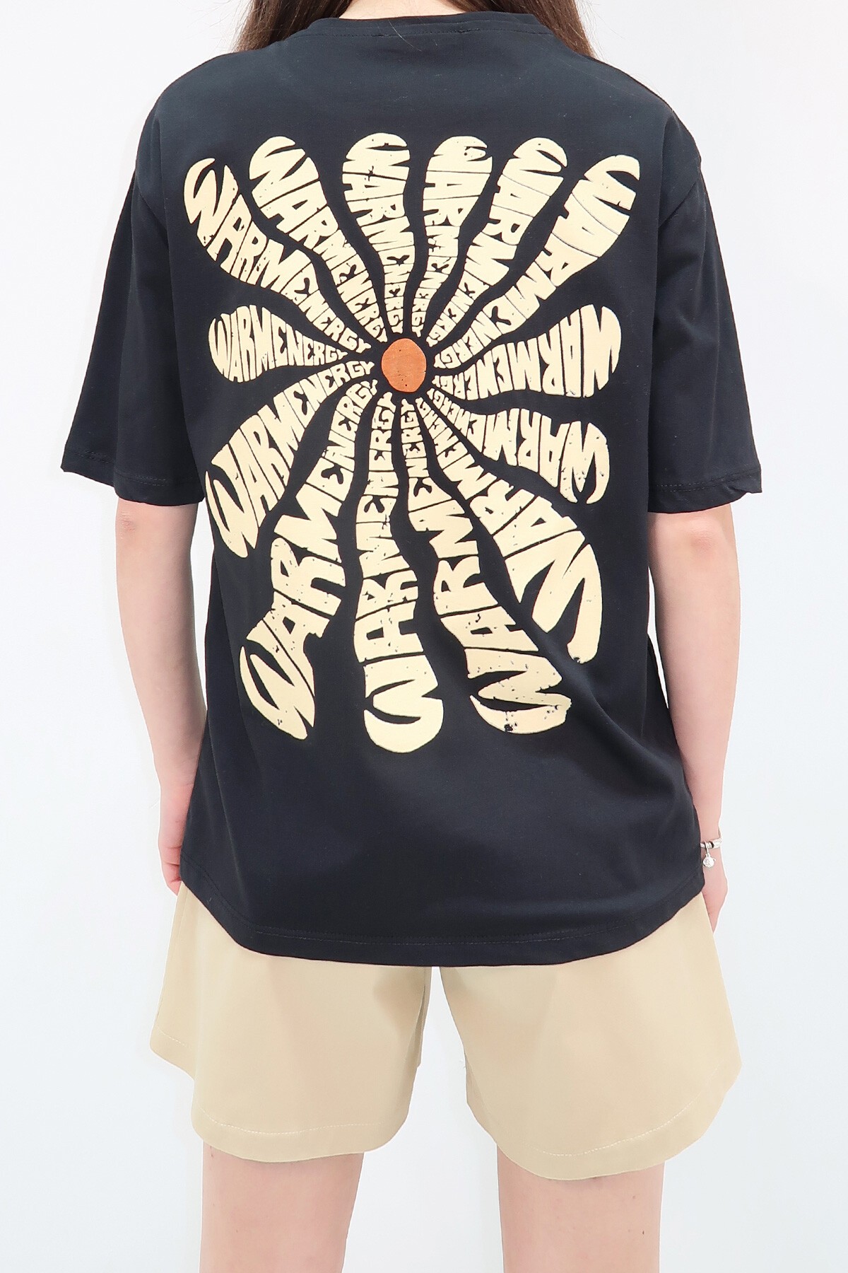 Siyah Bisiklet Yaka Önü Ve Arkası Flok Baskılı %100 Pamuk Oversize T Shirt