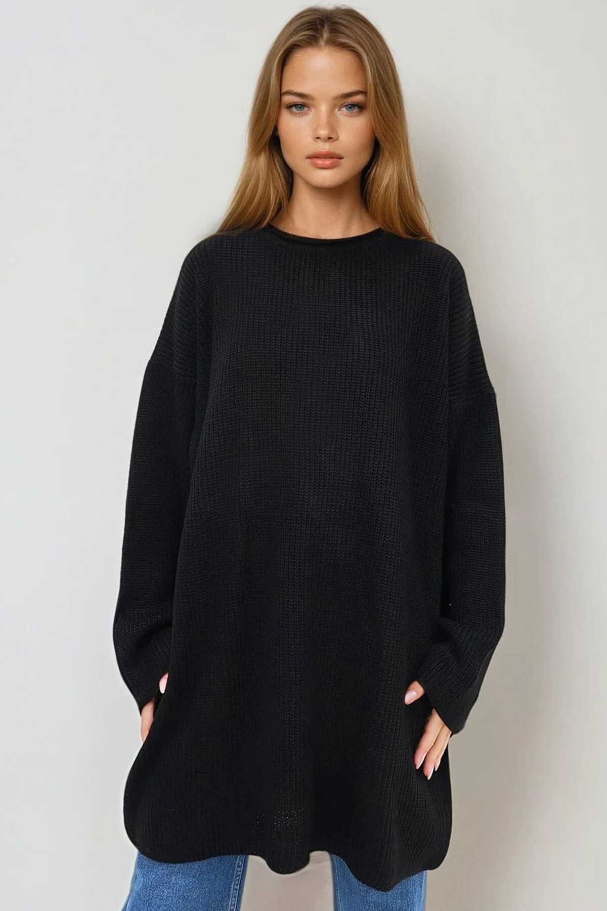 Siyah Bisiklet Yaka Selanik Örgü Triko Elbise