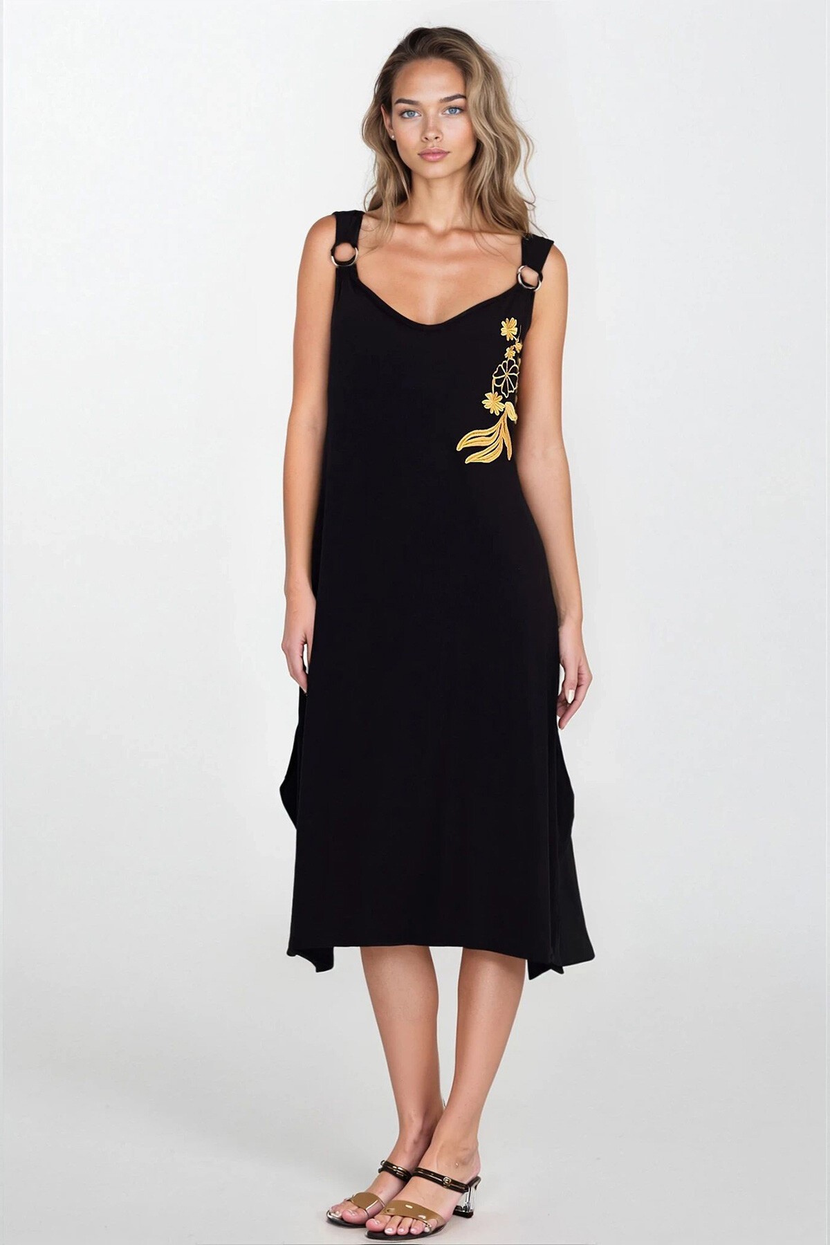 Siyah Çift Cepli Askılı Büyük Beden Dokuma Elbise