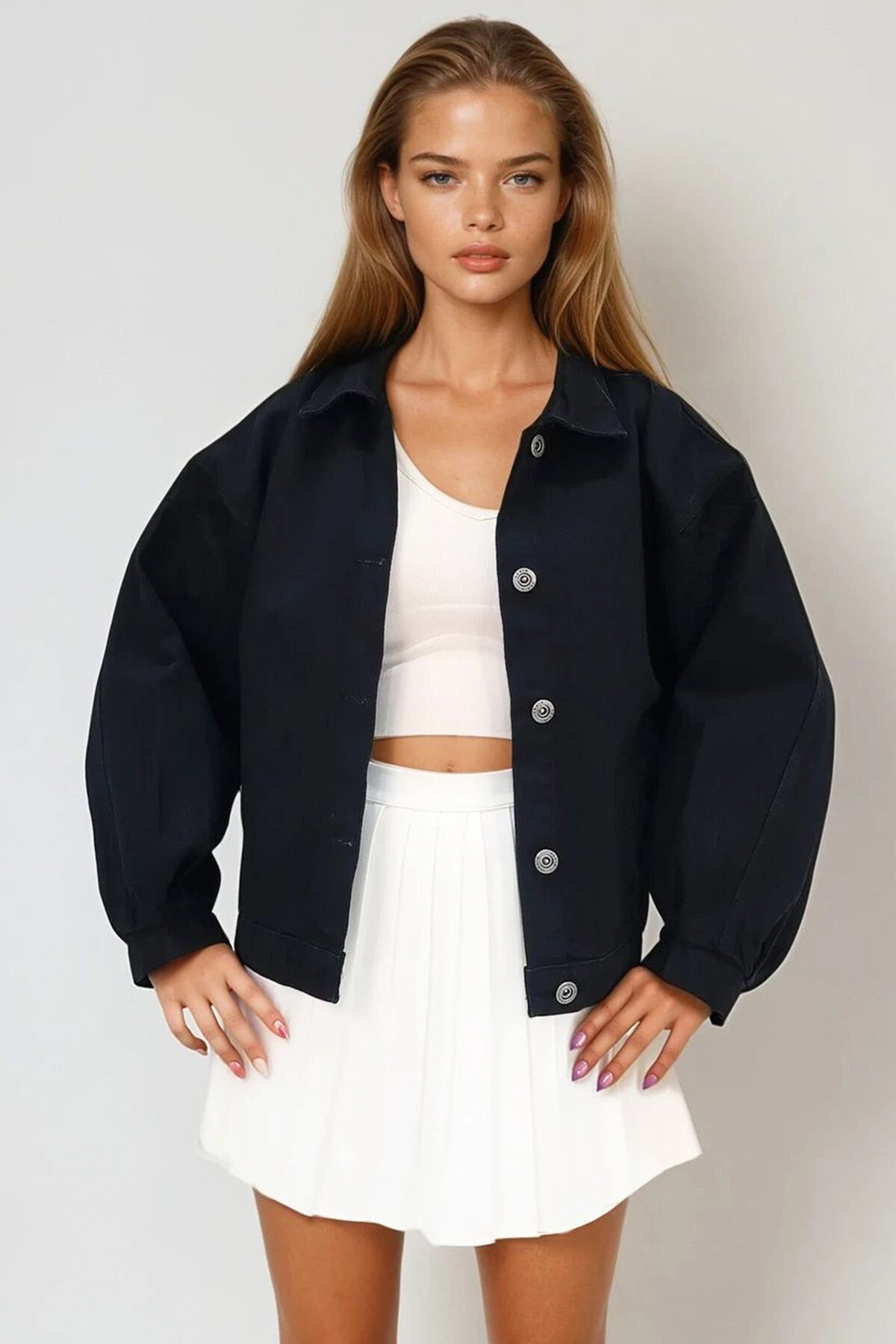 Siyah Çift Cepli Balon Kollu Jean Ceket