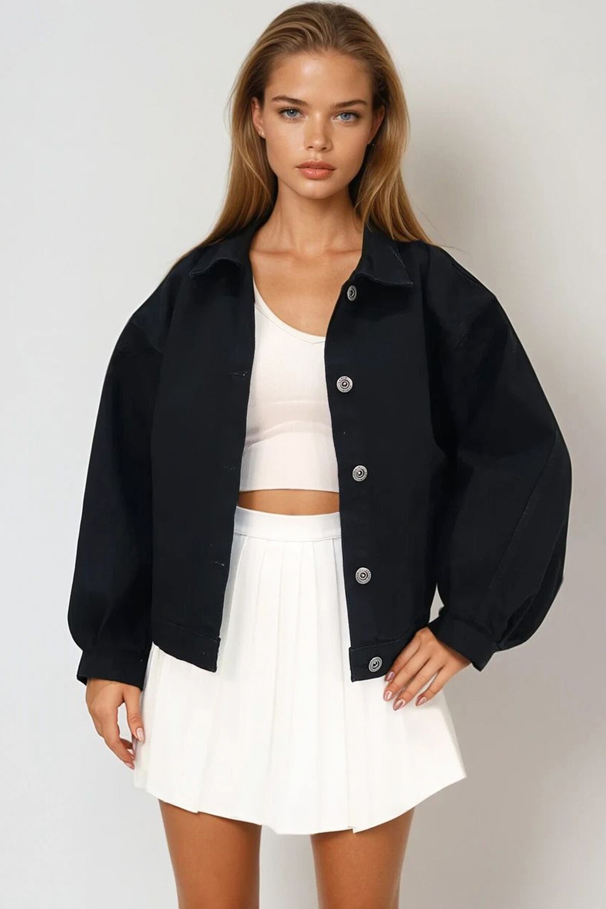 Siyah Çift Cepli Balon Kollu Jean Ceket