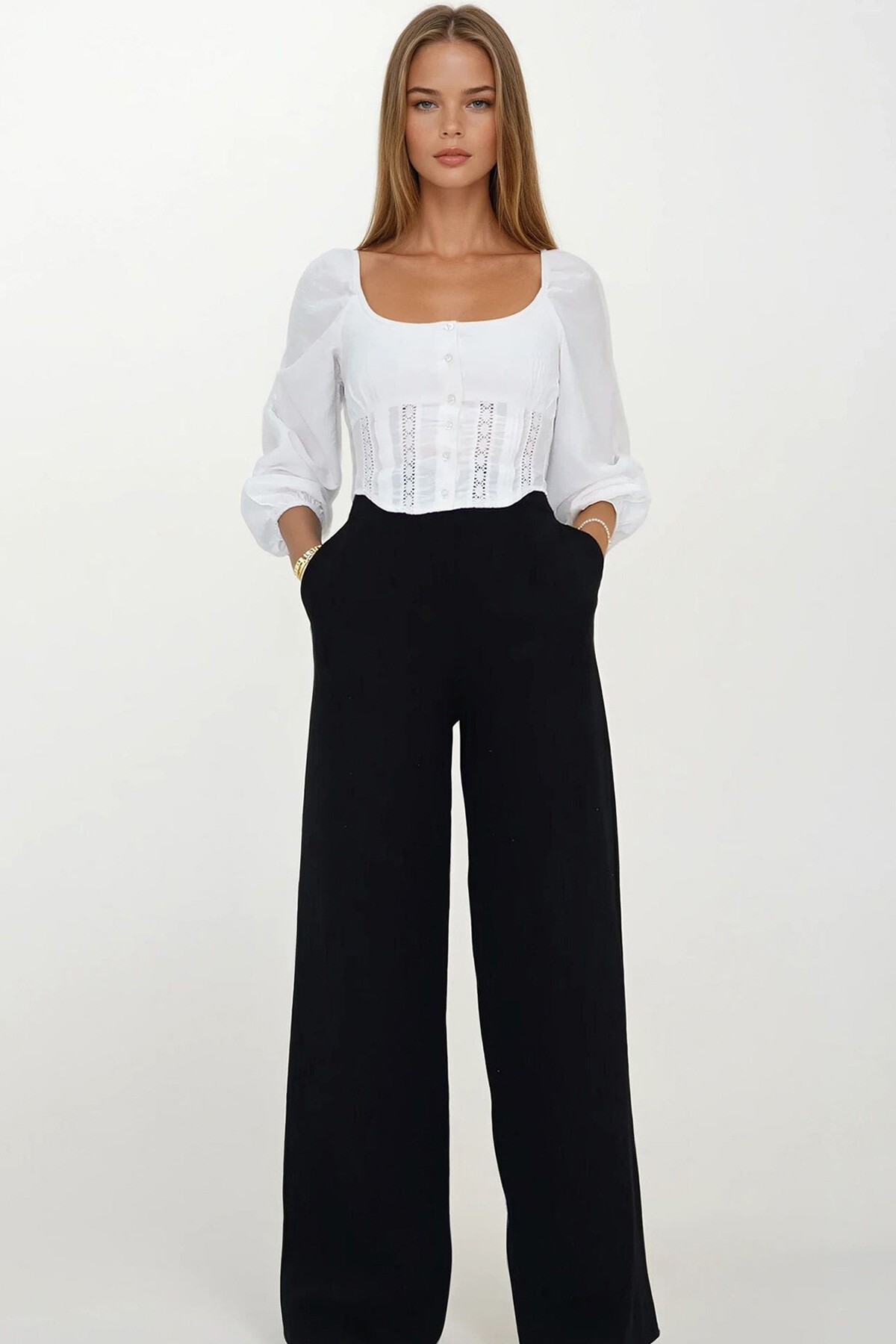 Siyah Çift Cepli Beli Lastikli Müslin Palazzo Pantolon