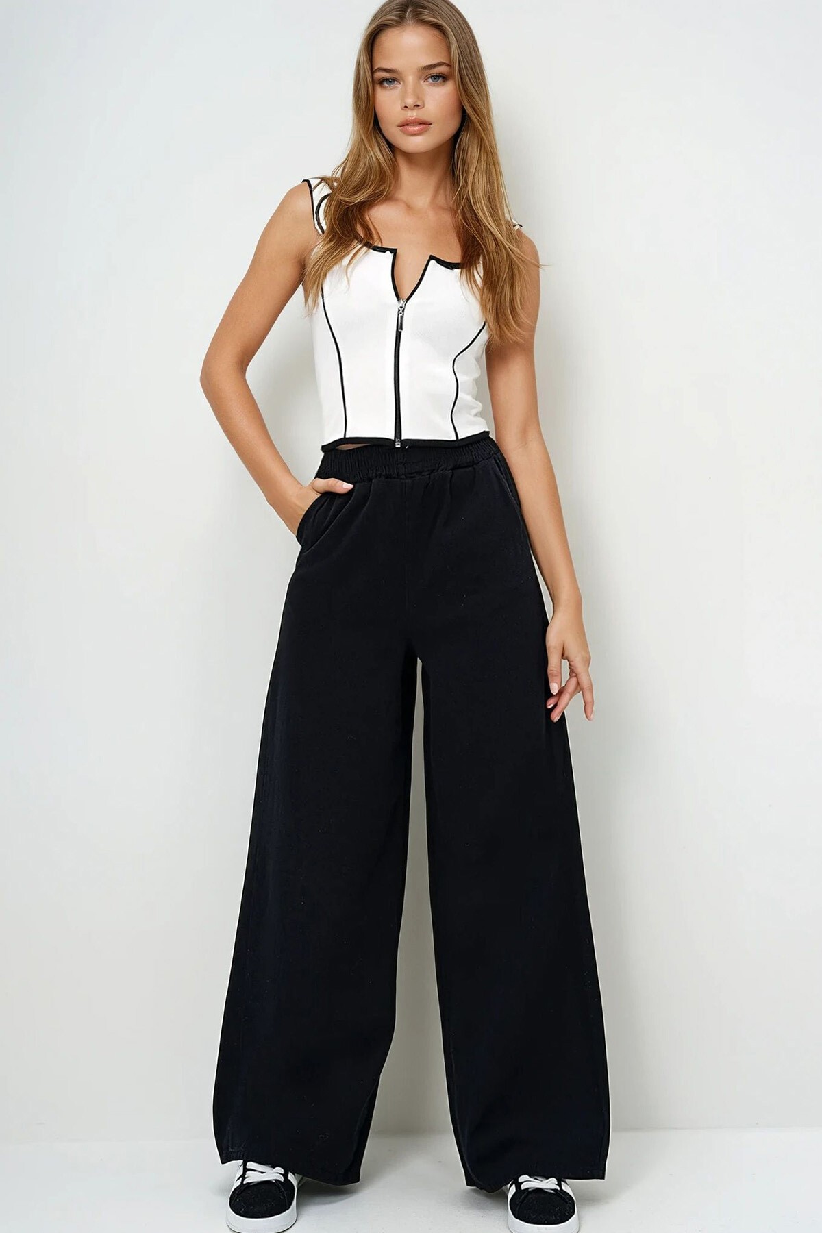 Siyah Çift Cepli Gabardin Palazzo Pantolon