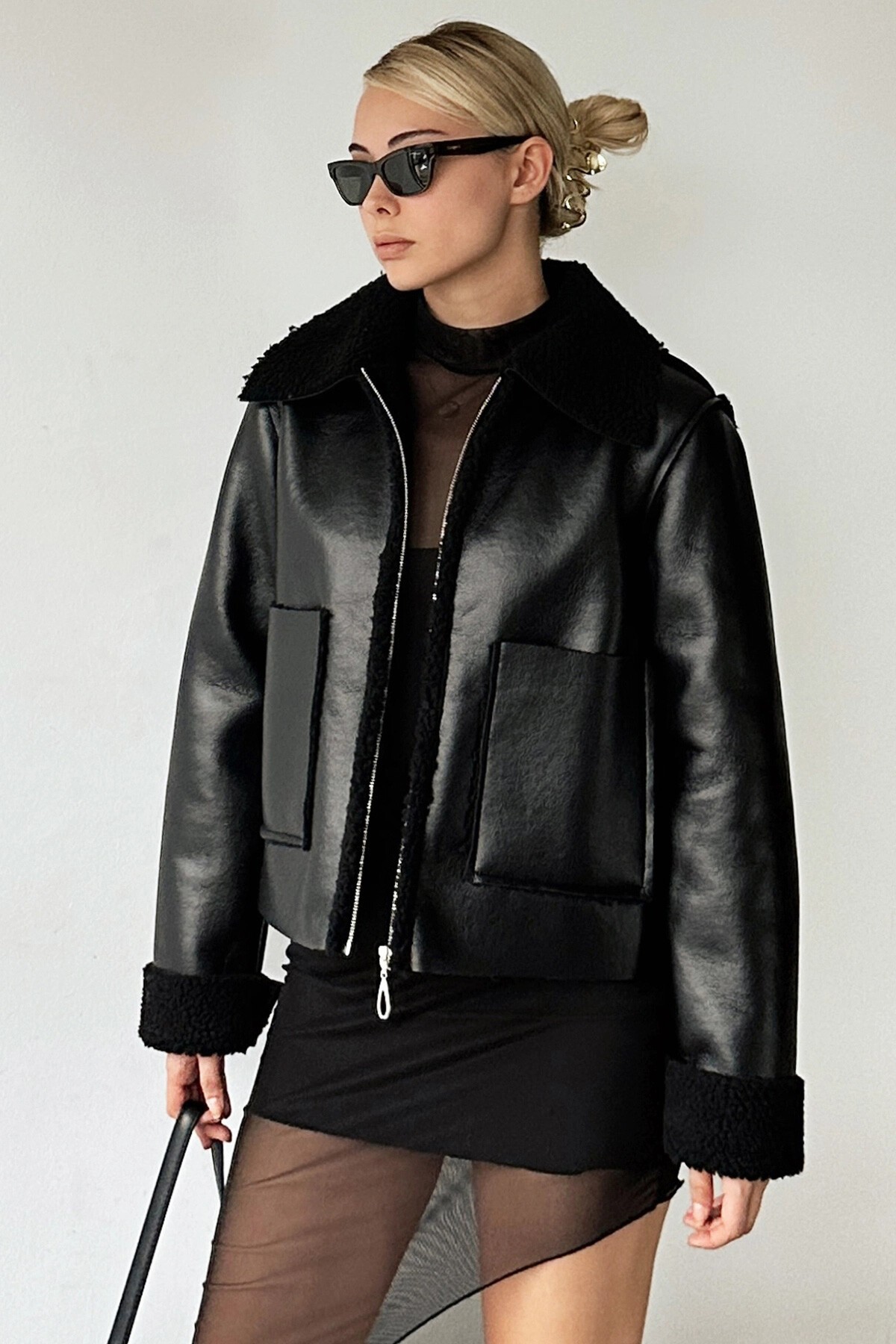 Siyah Çift Cepli İçi Suni Kürklü Suni Deri Biker Ceket