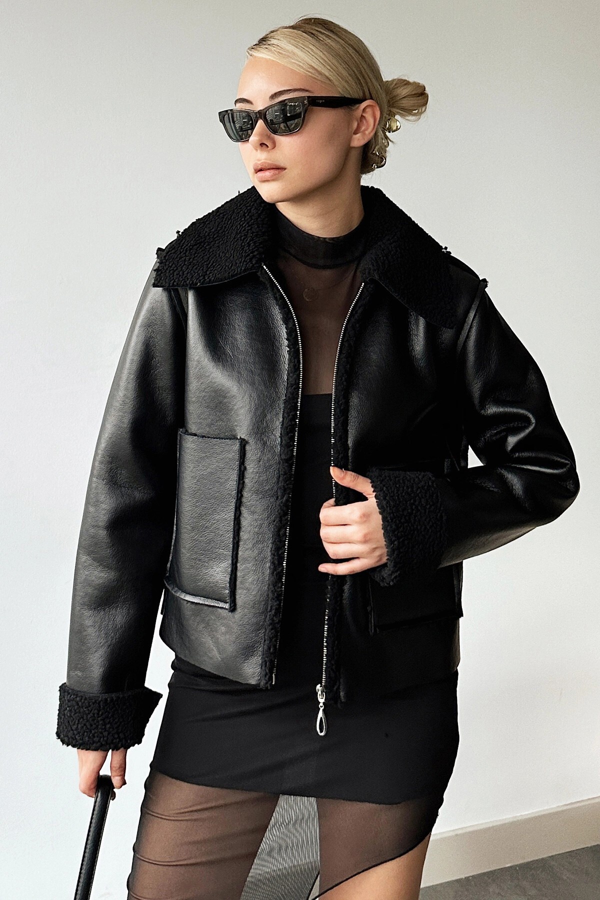 Siyah Çift Cepli İçi Suni Kürklü Suni Deri Biker Ceket